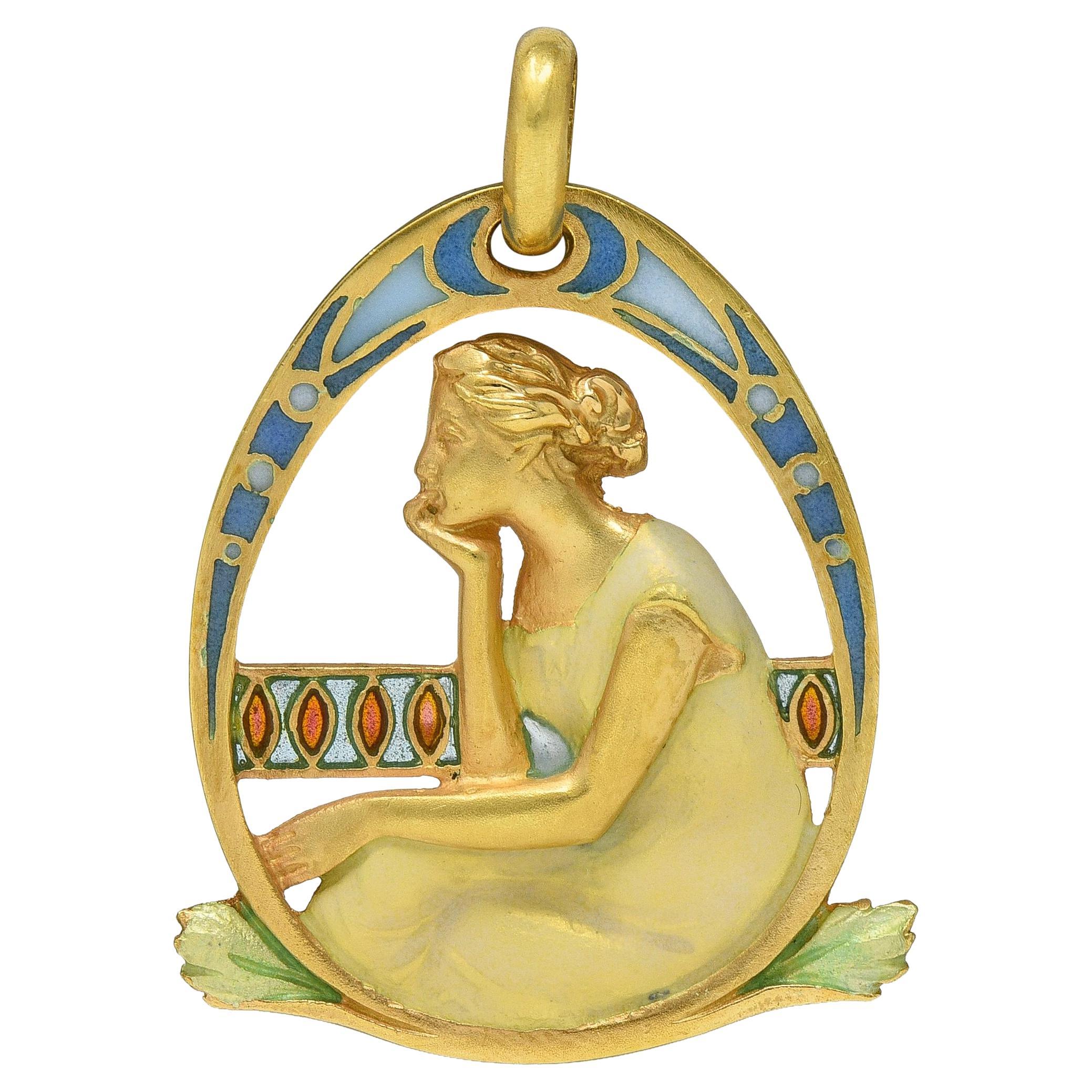 Masriera Art Nouveau Enamel 18K Yellow Gold Antique Pliqué-A-Jour Lady Pendant For Sale