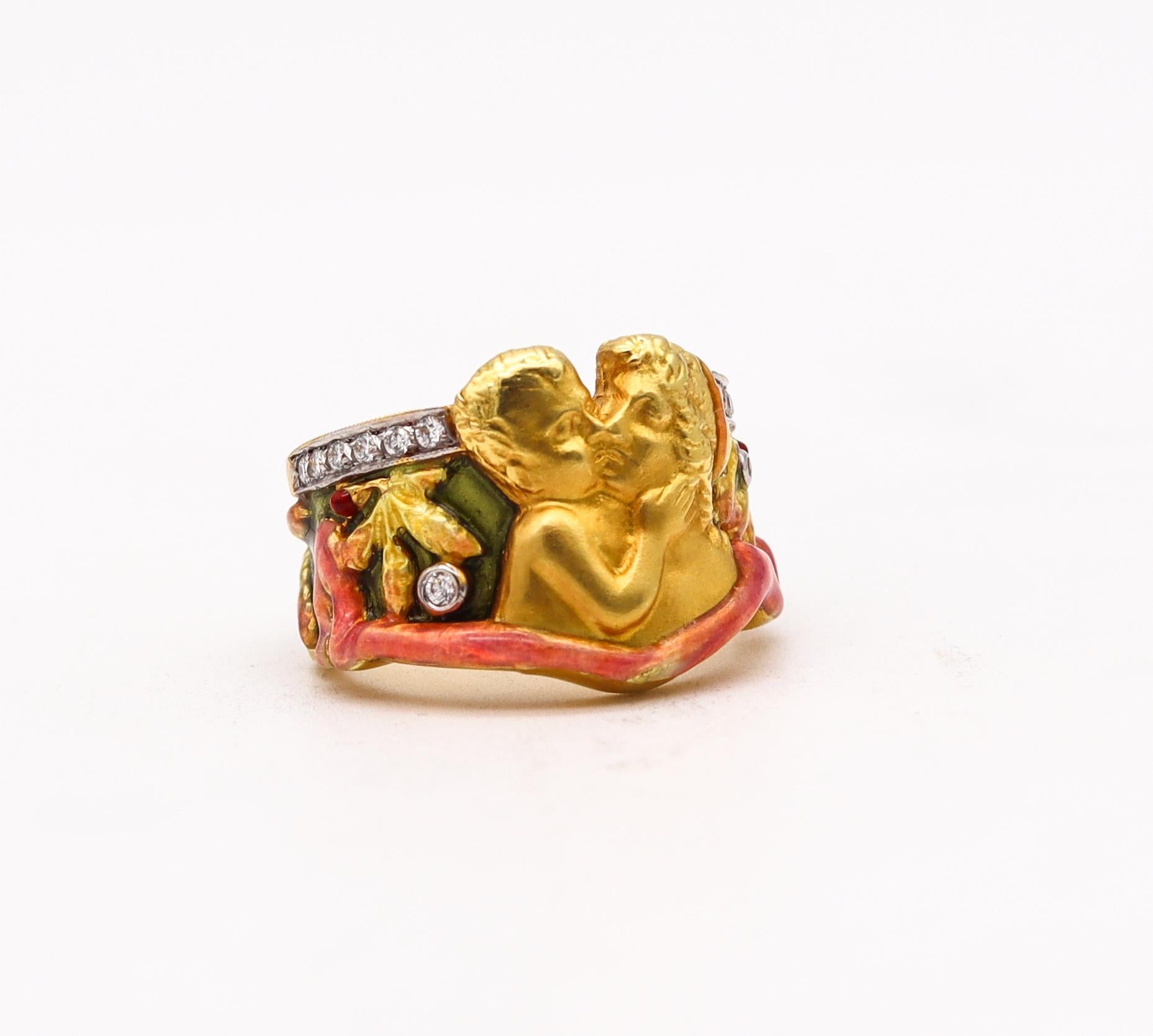 Brilliant Cut Masriera Art Nouveau Enameled Ring in 18kt Yellow Gold with VS Diamonds For Sale