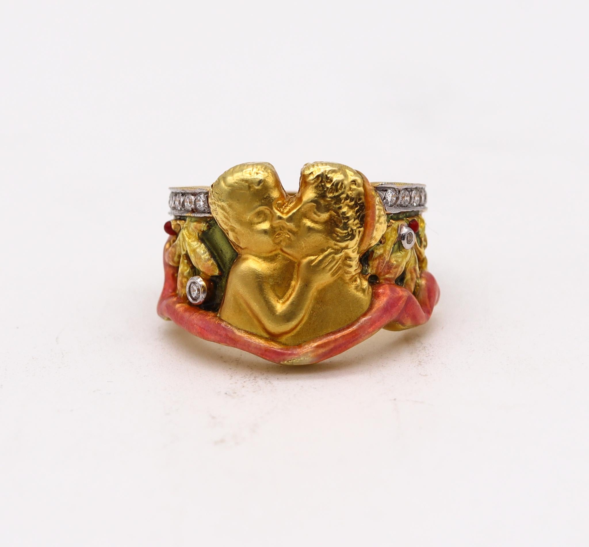 Masriera Art Nouveau Enameled Ring in 18kt Yellow Gold with VS Diamonds In Excellent Condition For Sale In Miami, FL