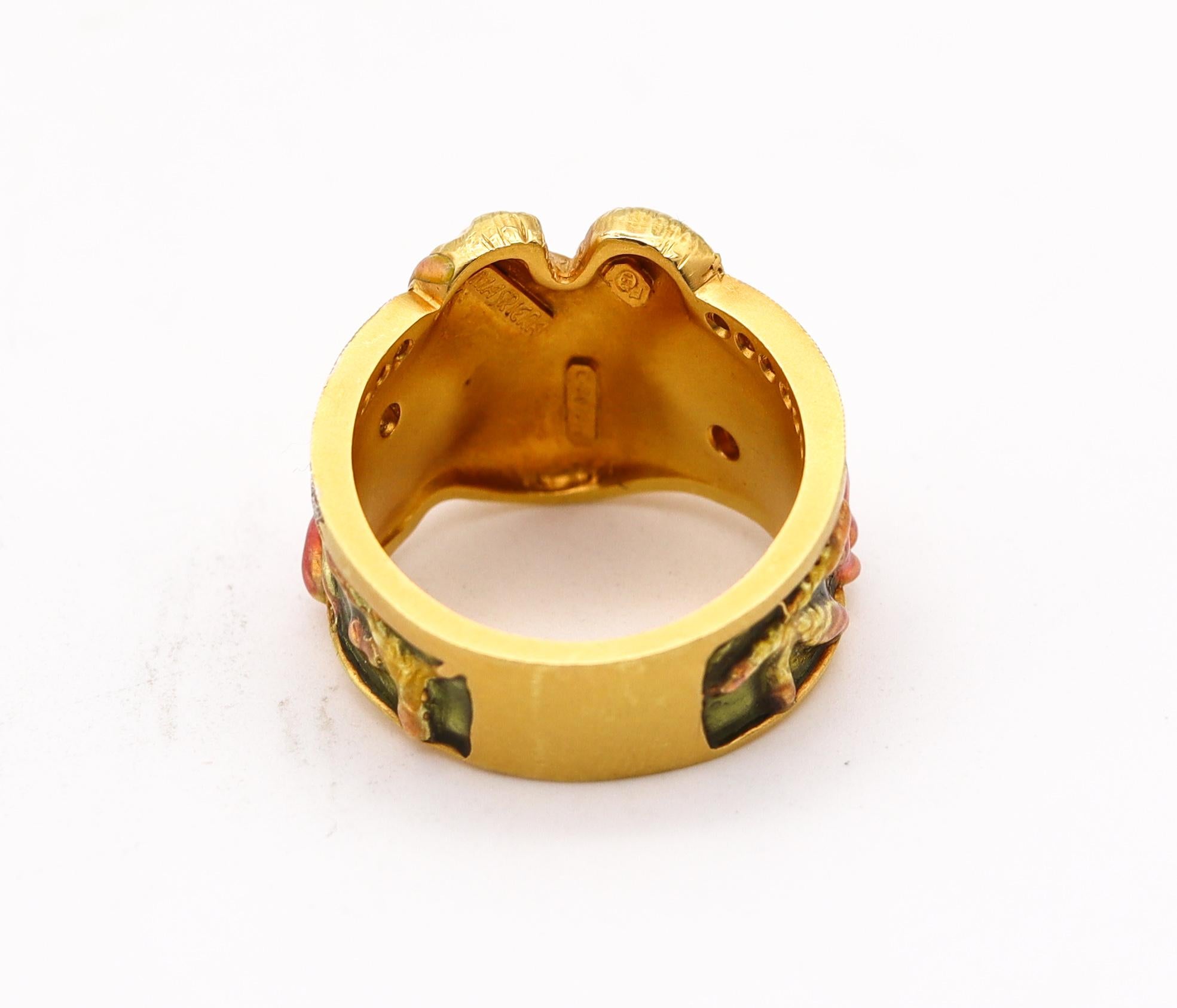 Masriera Art Nouveau Enameled Ring in 18kt Yellow Gold with VS Diamonds For Sale 1