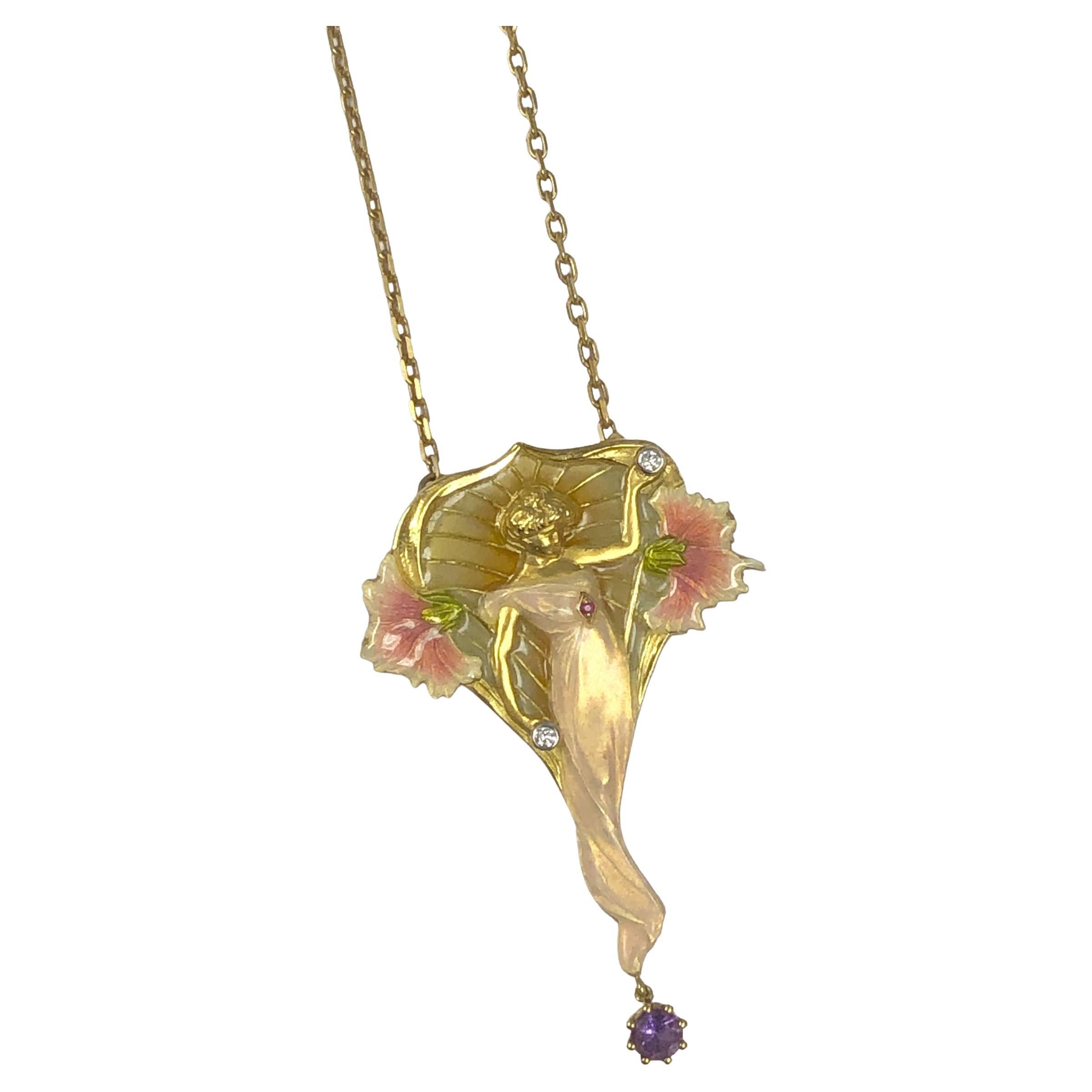 Circa 1980 - 1990 Masriera of Spain 18k Yellow Gold Pendant Brooch in the extreme Art Nouveau style as Masriera has been producing for over 120 Years. Measuring 2 1/4 inches in length X 1 1/2 inches and suspended from an 18 inch removable chain.