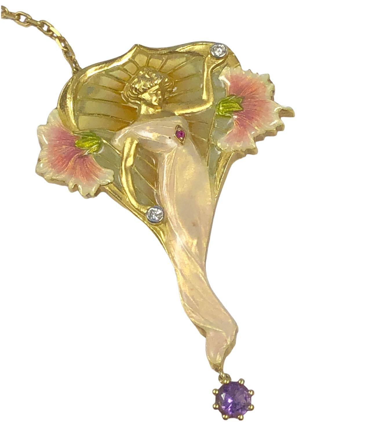 Round Cut Masriera Art Nouveau Gold Enamel and Gem set Pendant Brooch For Sale