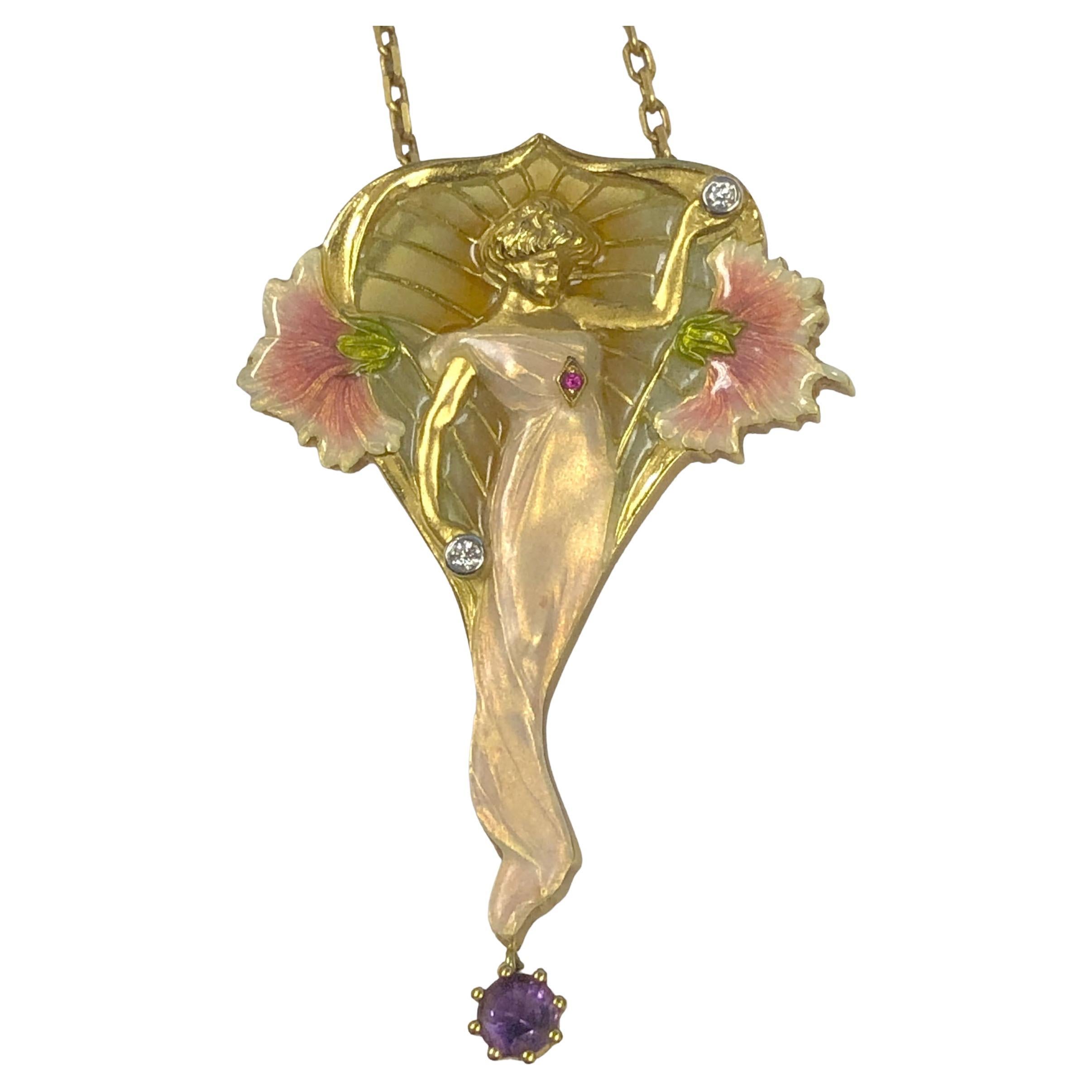 Masriera Art Nouveau Gold Enamel and Gem set Pendant Brooch For Sale