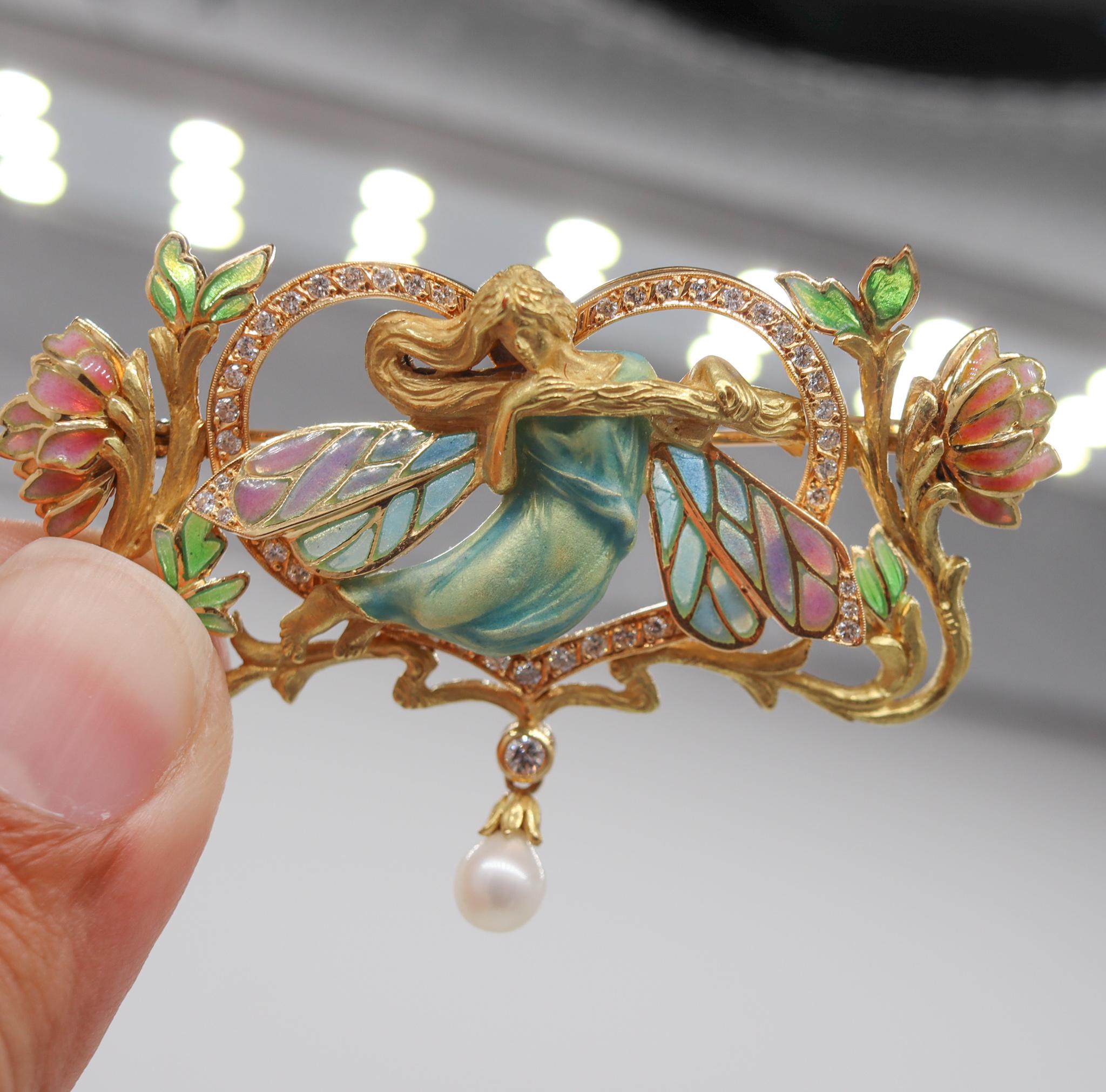 Brilliant Cut Masriera Art Nouveau Plique à Jour Enamel Convertible Brooch 18Kt Gold Diamonds