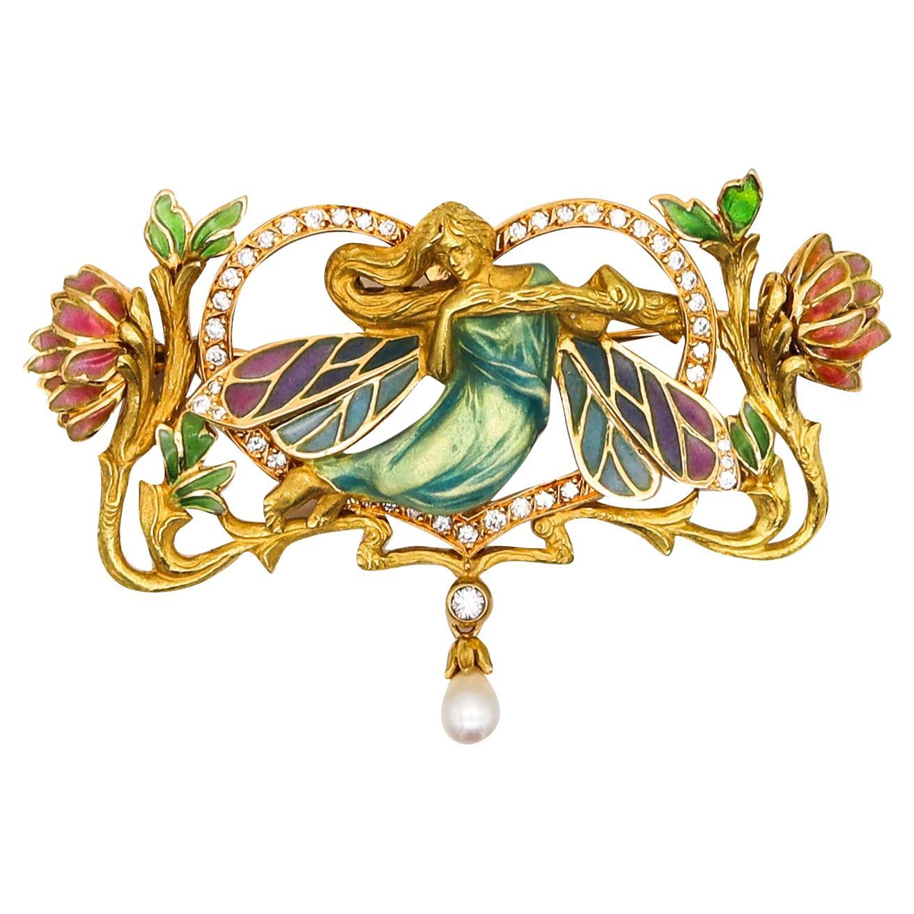 Masriera Art Nouveau Plique à Jour Enamel Convertible Brooch 18Kt Gold Diamonds