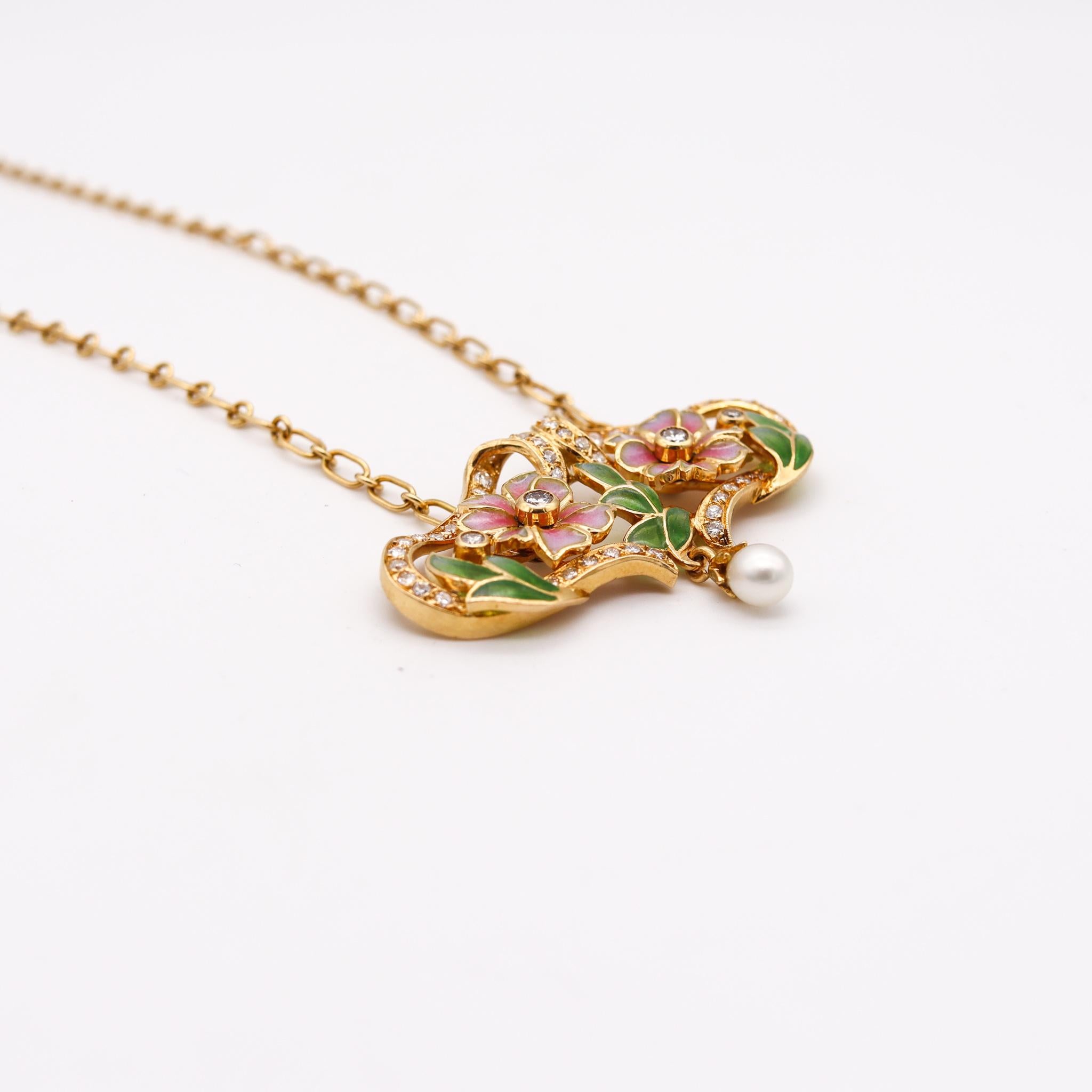 Brilliant Cut Masriera Art Nouveau Plique à Jour Enamel Necklace in 18Kt Yellow Gold & Diamond