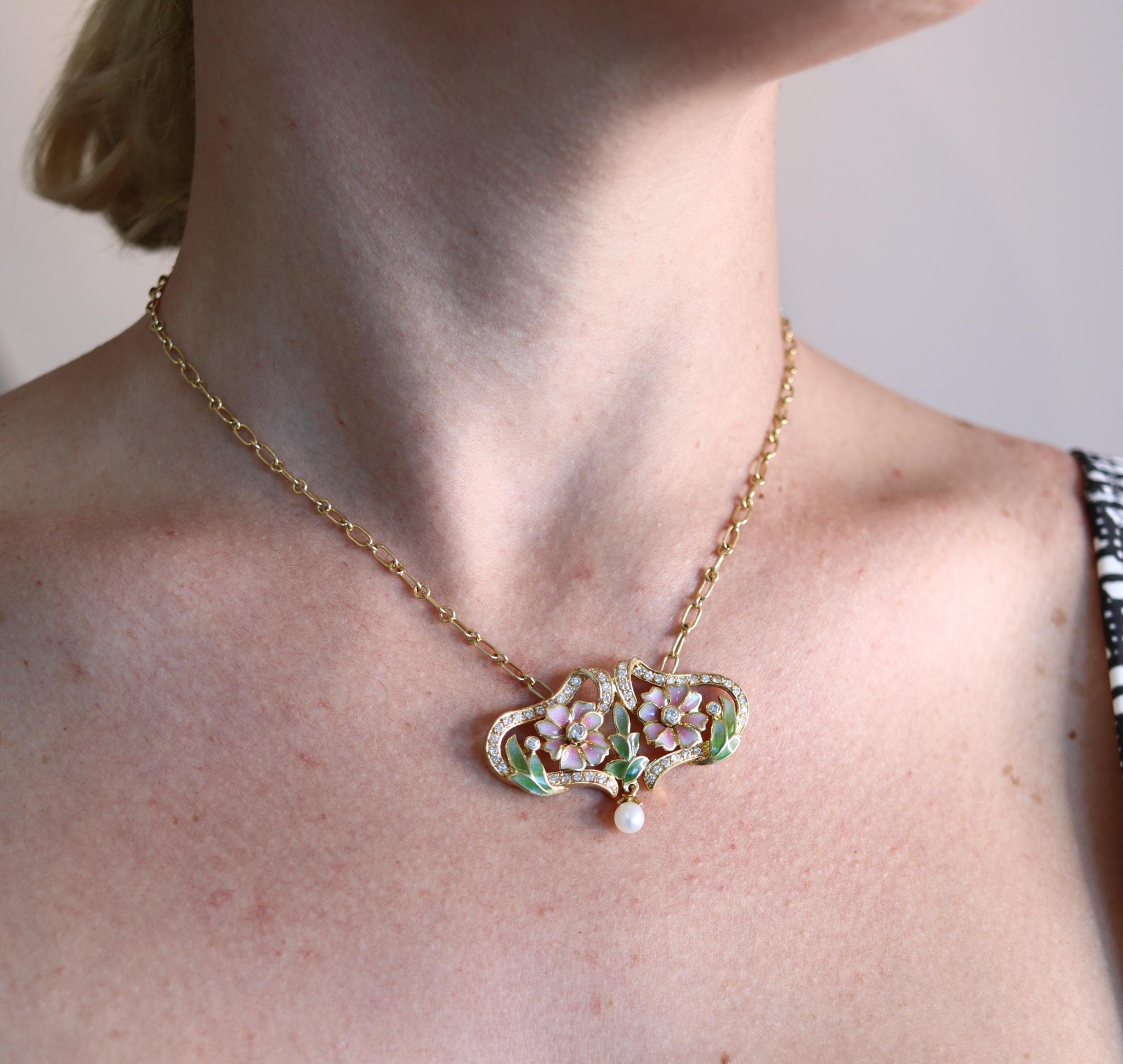 Masriera Art Nouveau Plique à Jour Enamel Necklace in 18Kt Yellow Gold & Diamond 3