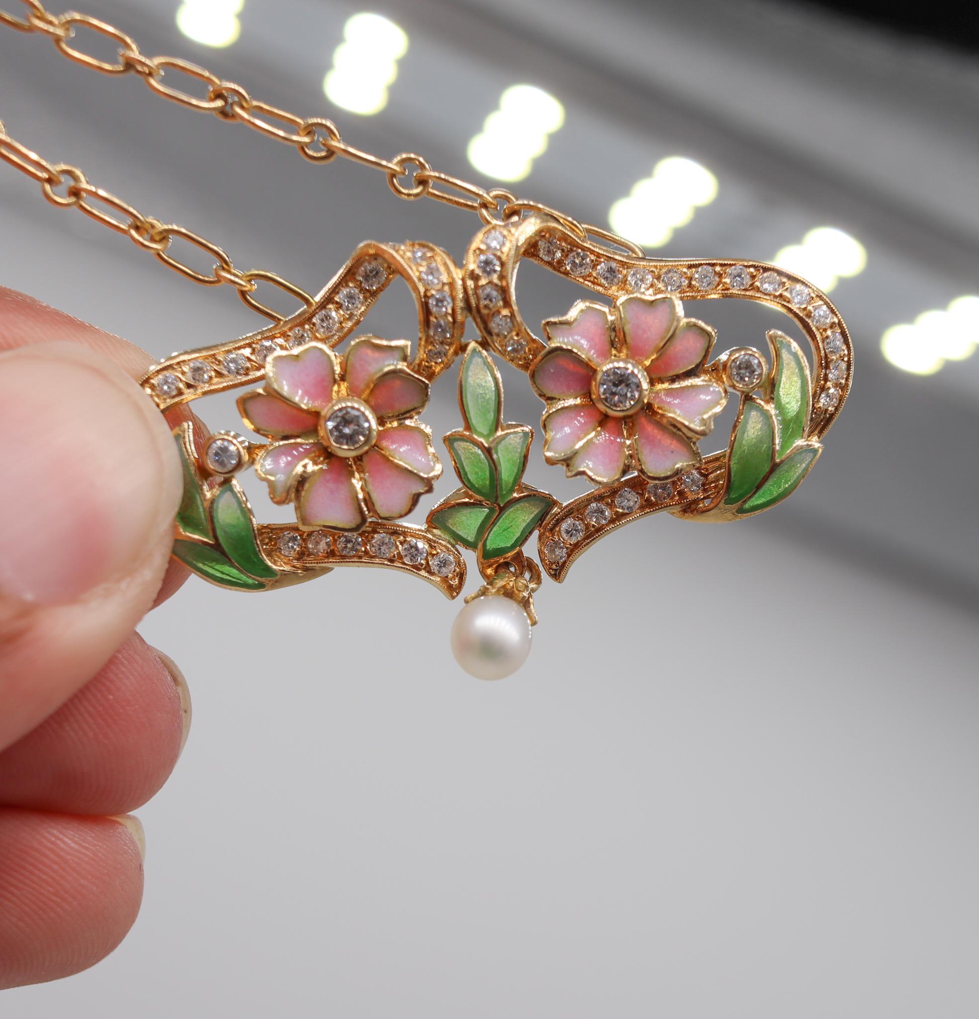 Masriera Art Nouveau Plique à Jour Enamel Necklace in 18Kt Yellow Gold & Diamond 4