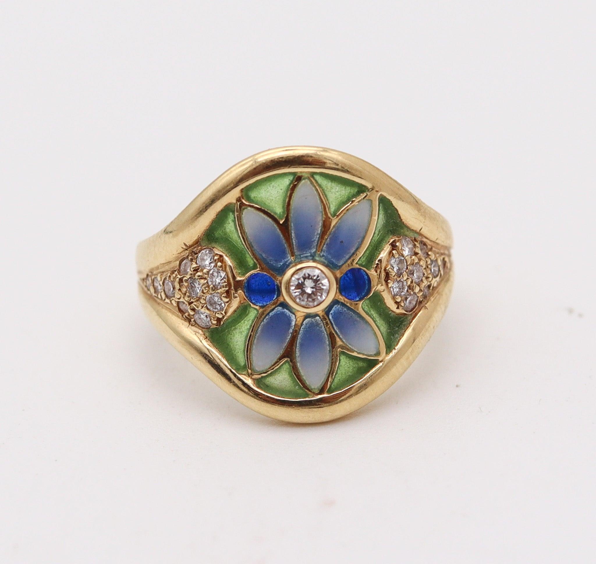 MASRIERA Art Nouveau Plique à Jour Enamel Ring In 18Kt Gold With VS Diamonds In Excellent Condition In Miami, FL