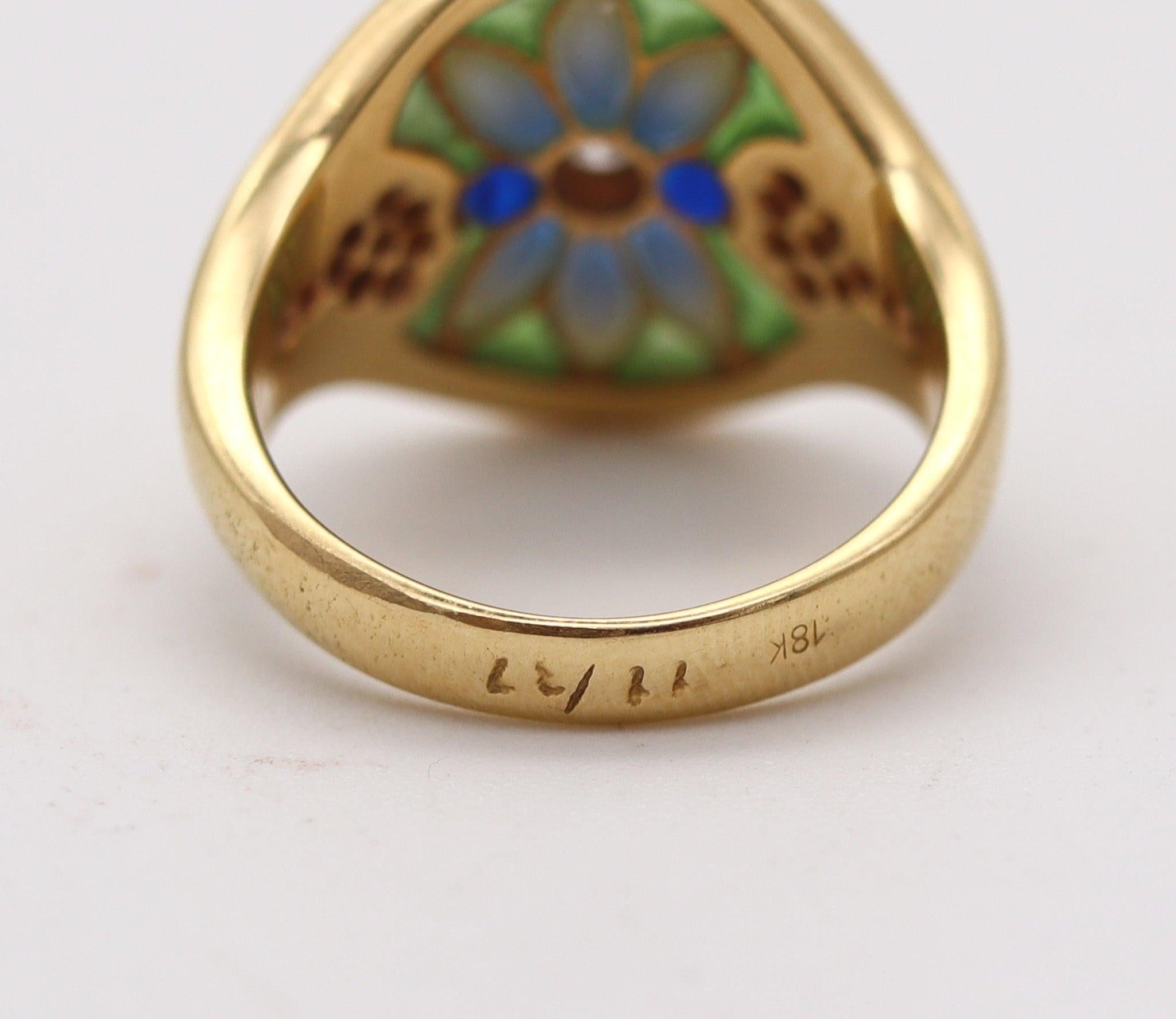 MASRIERA Art Nouveau Plique à Jour Enamel Ring In 18Kt Gold With VS Diamonds 1