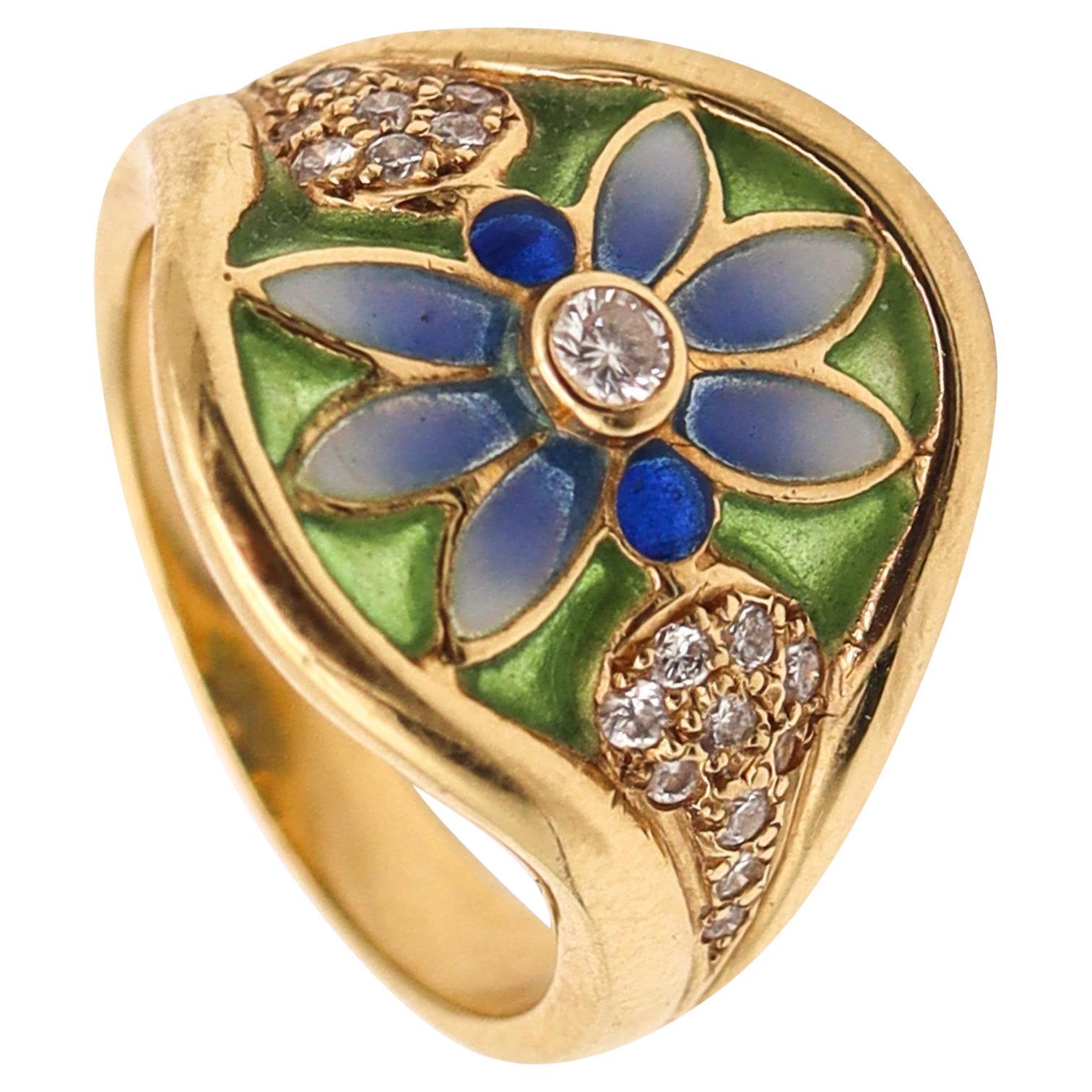 MASRIERA Art Nouveau Plique à Jour Enamel Ring In 18Kt Gold With VS Diamonds
