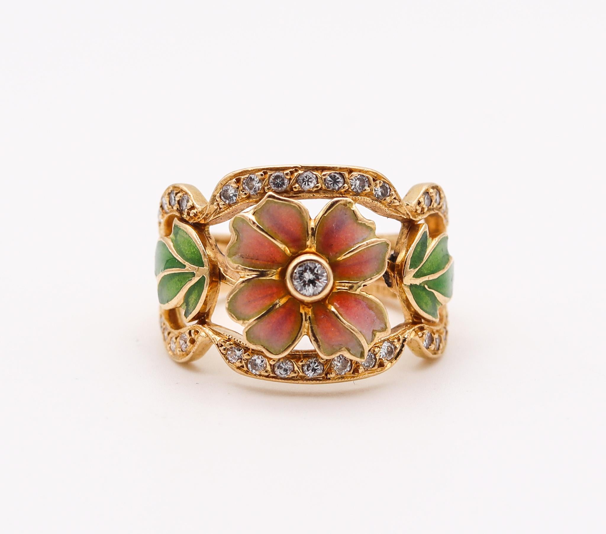 An art nouveau enameled ring designed by Masriera.

Colorful piece, created in Barcelona Spain by the jewelry designer Gloria Masriera for Masriera. This beautiful ring has been crafted with art nouveau revival patterns in solid rich yellow gold of