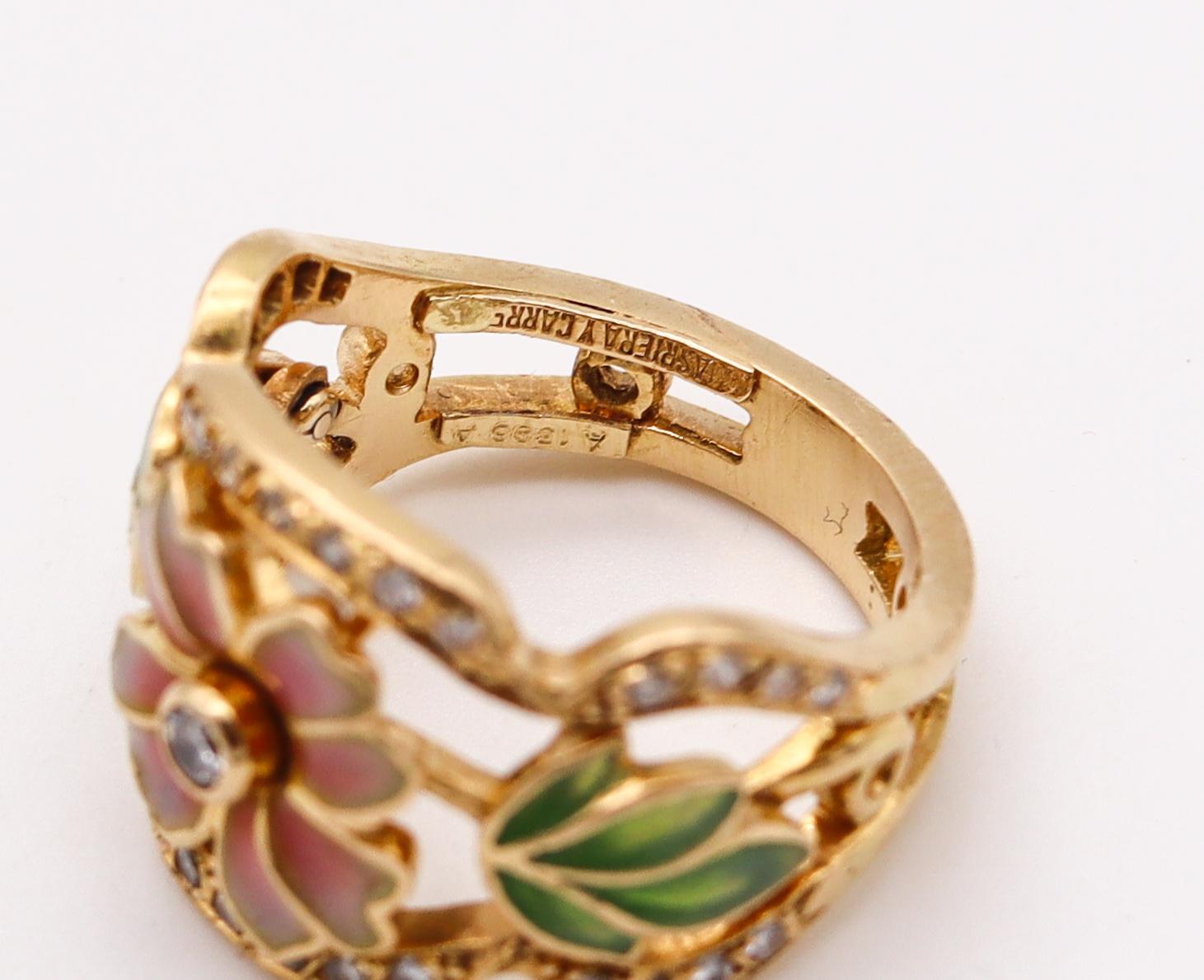 Brilliant Cut Masriera Art Nouveau Plique À Jour Enamel Ring in 18Kt Yellow Gold with Diamonds For Sale