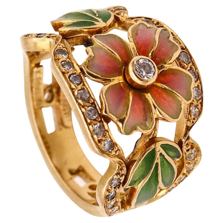 Masriera Art Nouveau Plique À Jour Emaille Ring aus 18Kt Gelbgold mit Diamanten