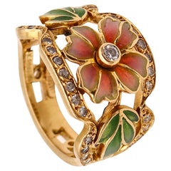 Vintage Masriera Art Nouveau Plique À Jour Enamel Ring in 18Kt Yellow Gold with Diamonds