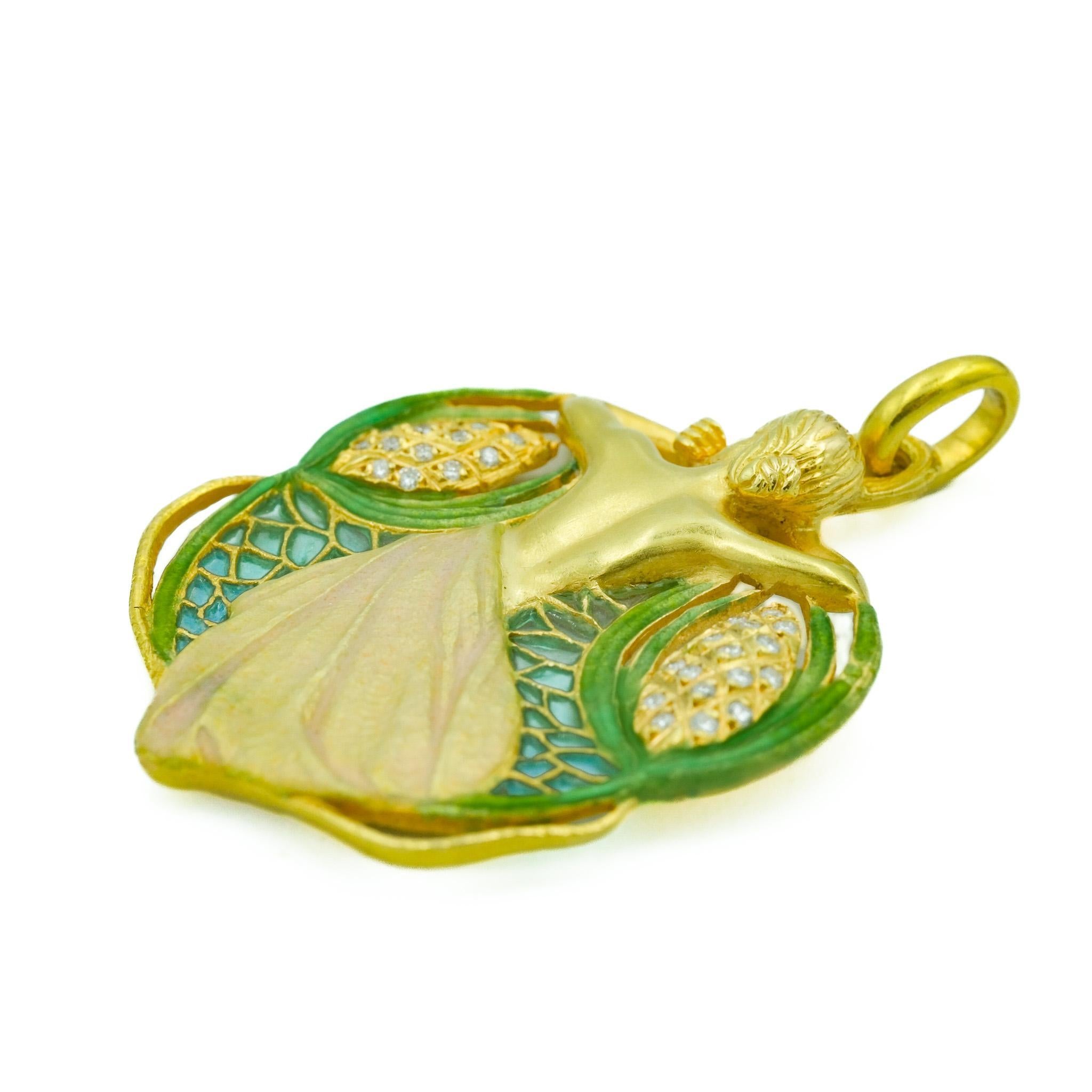 Masriera Art Nouveau Style Plique a Jour Enamel & Diamond Pendant in 18K Gold In Good Condition In Fairfield, CT
