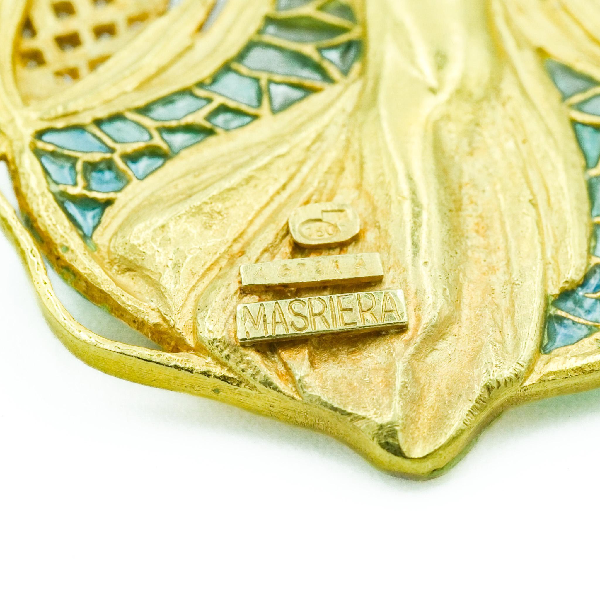 Women's Masriera Art Nouveau Style Plique a Jour Enamel & Diamond Pendant in 18K Gold