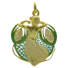 Masriera Pendentif de style Art nouveau en or 18 carats, émaillique à jour et diamants