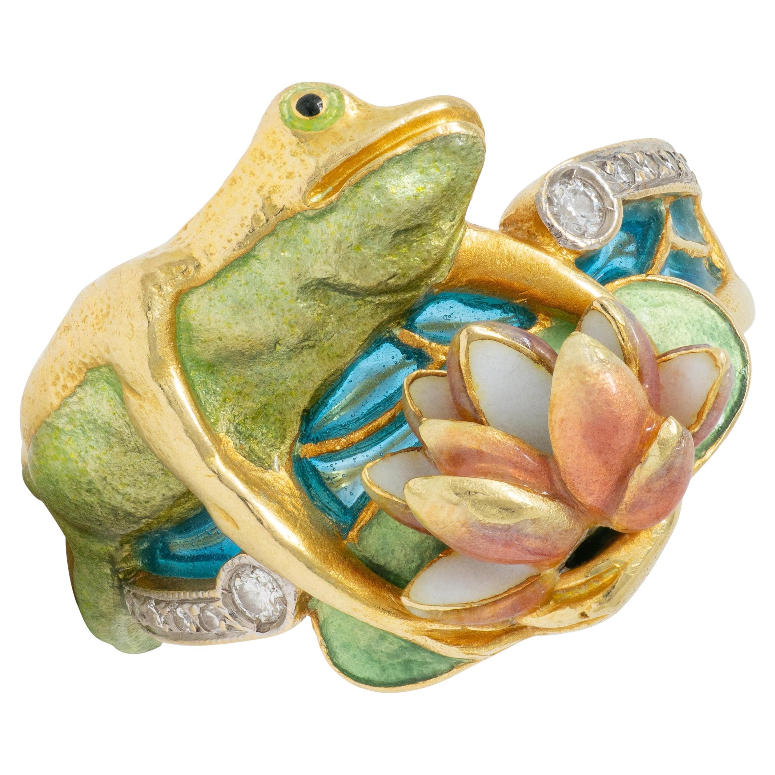 Masriera Zeitgenössische Diamant-Emaille 18K Gold Platin Frosch Seerose Ring im Angebot