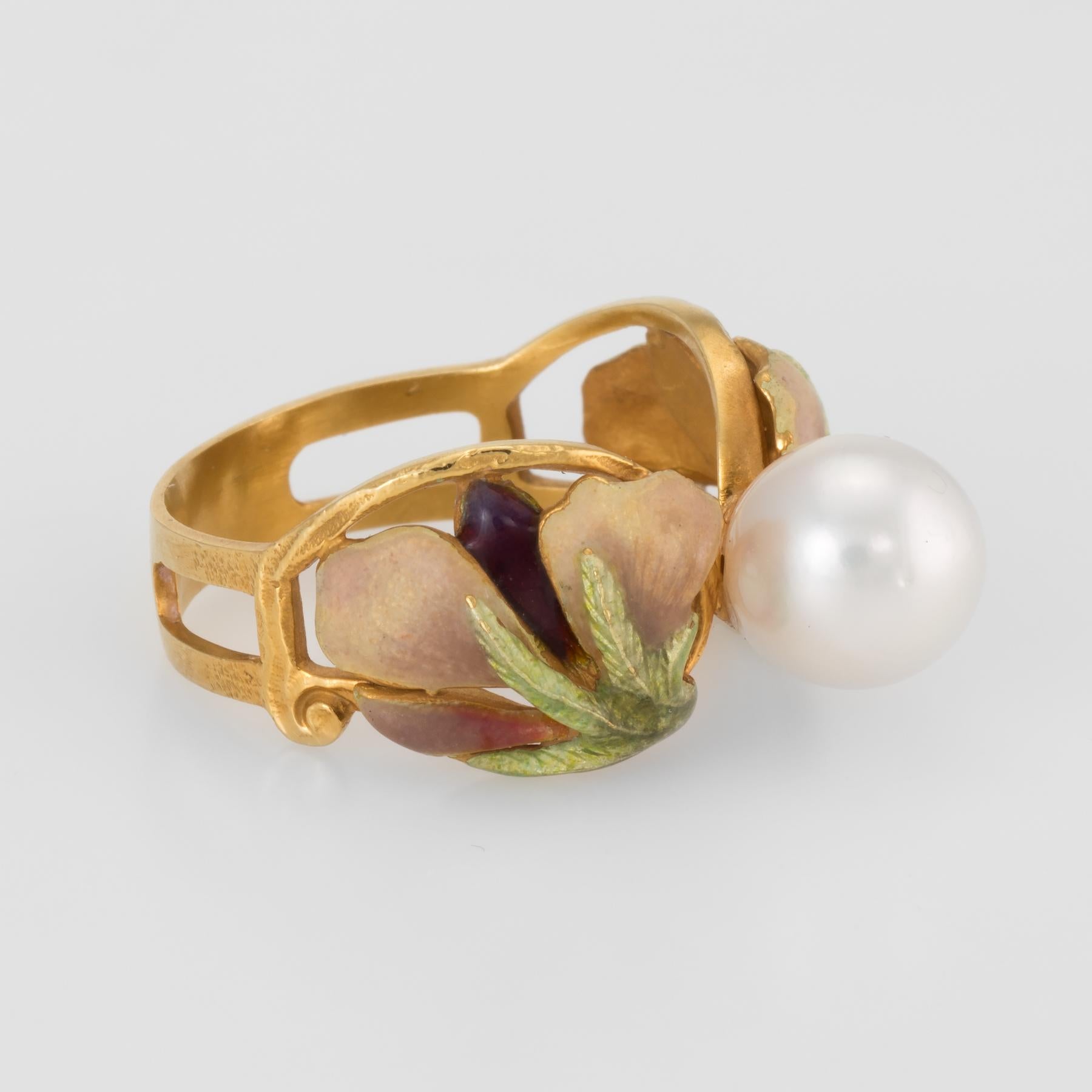 Art Nouveau Masriera Cultured Pearl Enamel Ring Estate 18 Karat Gold Fine Jewelry, Spain