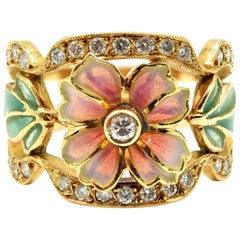 Masriera Designer Blumenring mit Diamanten und Emaille 18 Karat Gelbgold