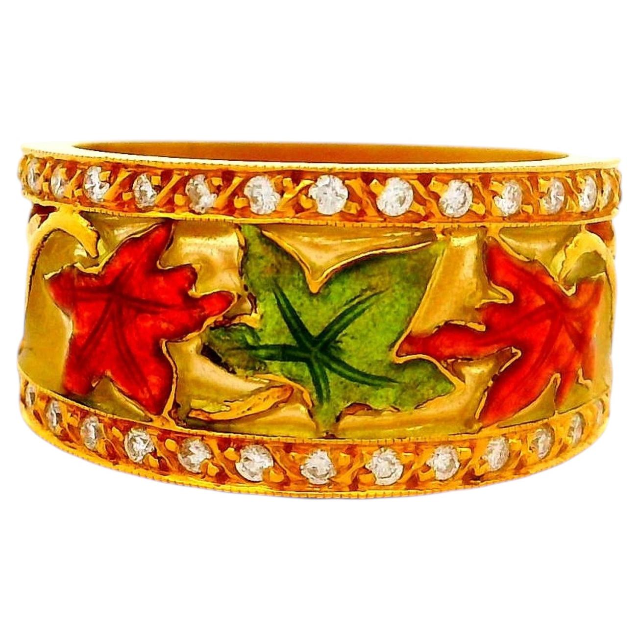 Anillo Masriera Diamond de oro amarillo de 18 quilates con motivo de hojas esmaltadas en venta