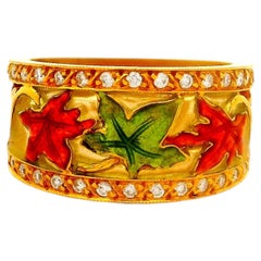 Masriera Diamond 18K Yellow Gold Enamel Leaves Motif Ring