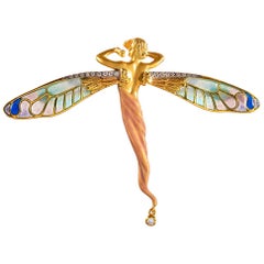 Masriera Diamond and Enamel Gold  Nymph Motif Pin Pendant