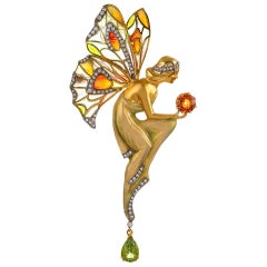 Masriera Diamond Citrine Enamel and Peridot Nymph Motif Pin Pendant