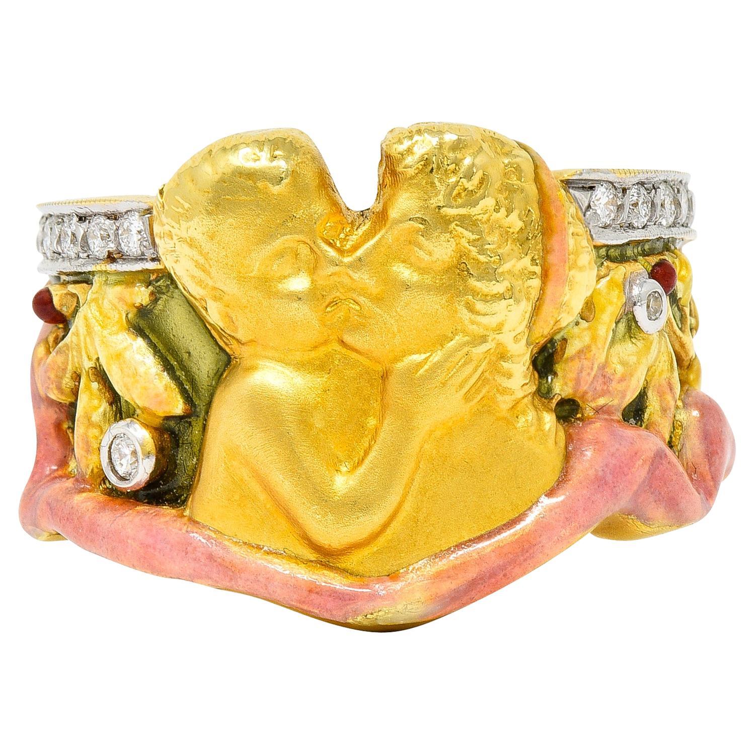 Masriera Diamond Enamel 18 Karat Yellow Gold Mother & Child Band Ring