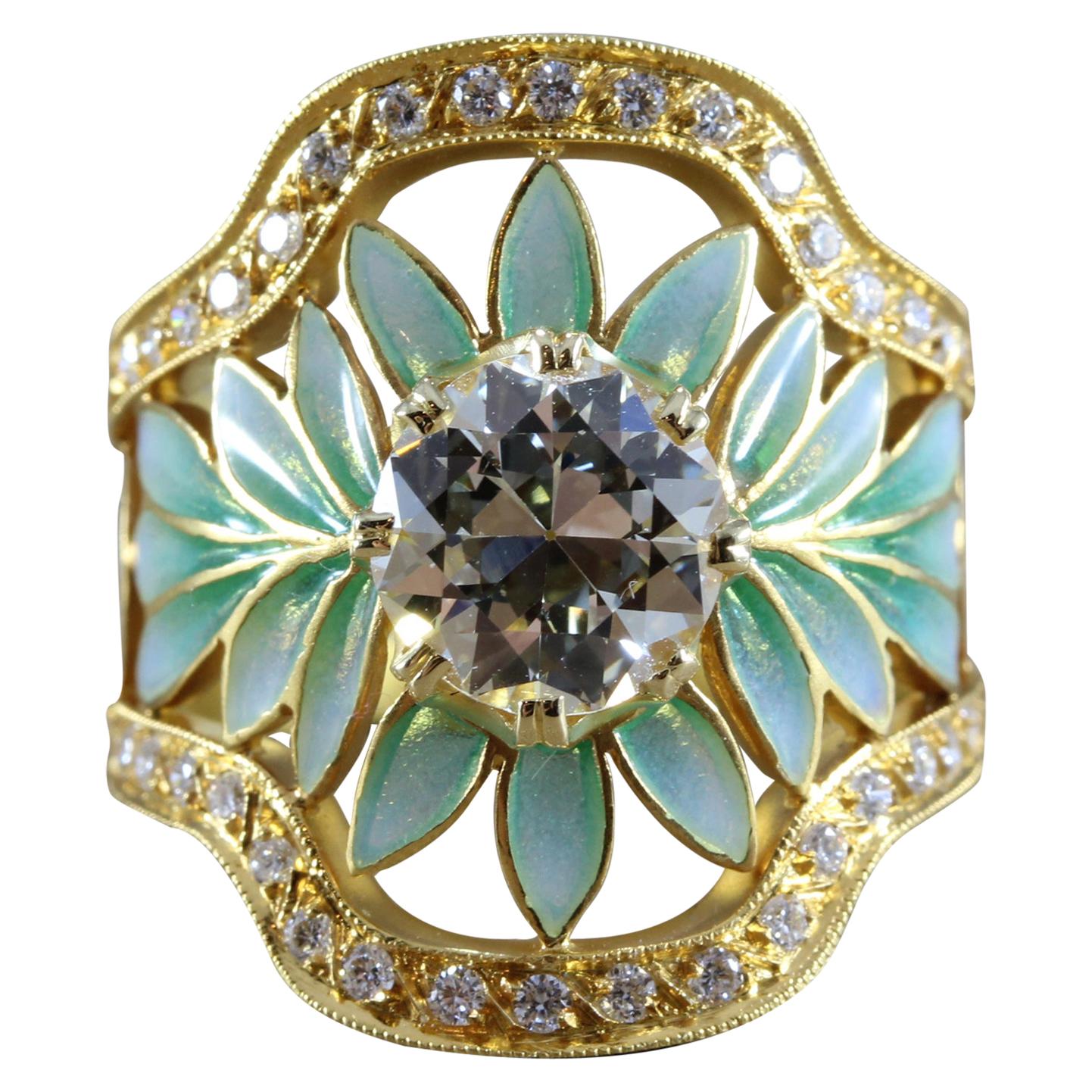 Masriera Diamond Enamel Plique-a-Jour Gold Engagement Ring
