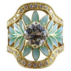 Antique Masriera Diamond Enamel Plique-a-Jour Gold Engagement Ring