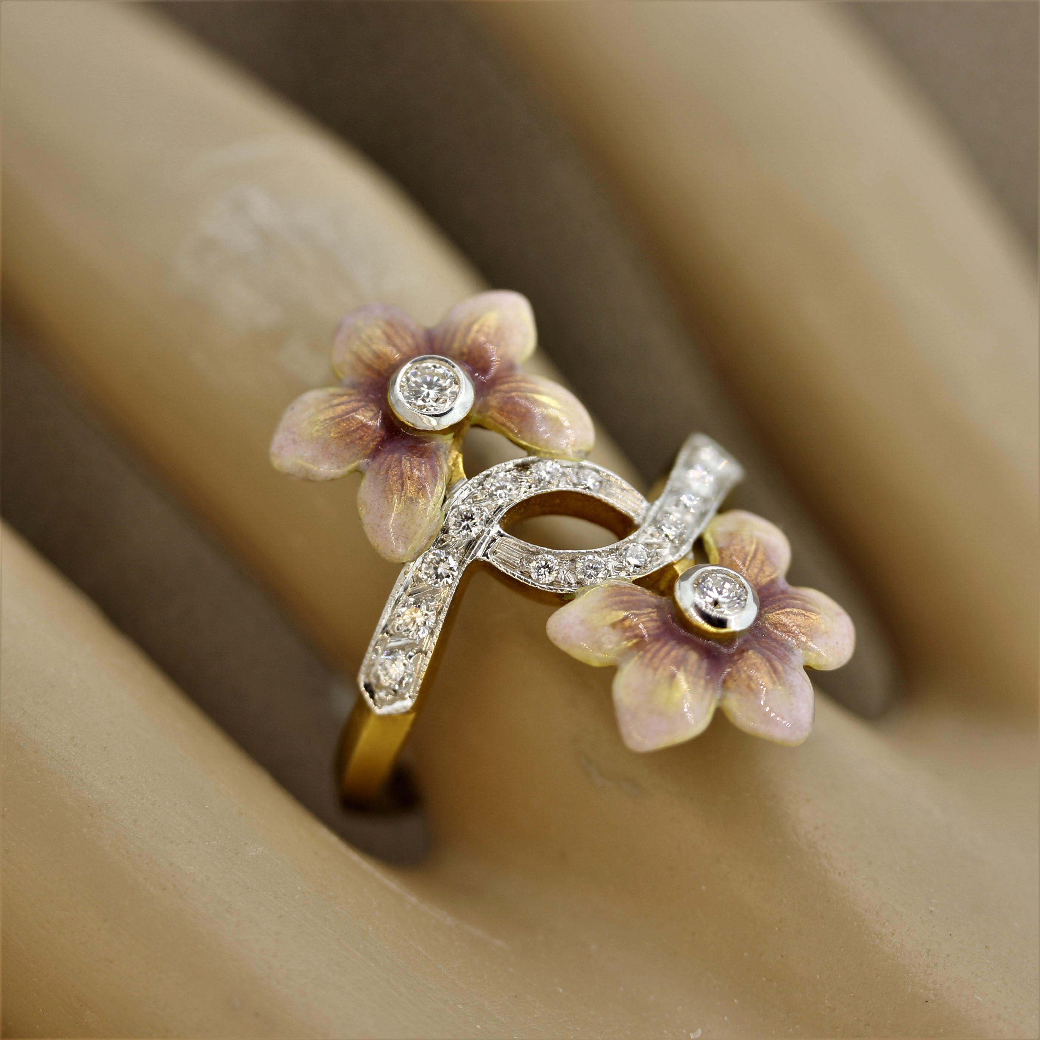 Masriera Diamond Enameled Gold Flower Ring 1