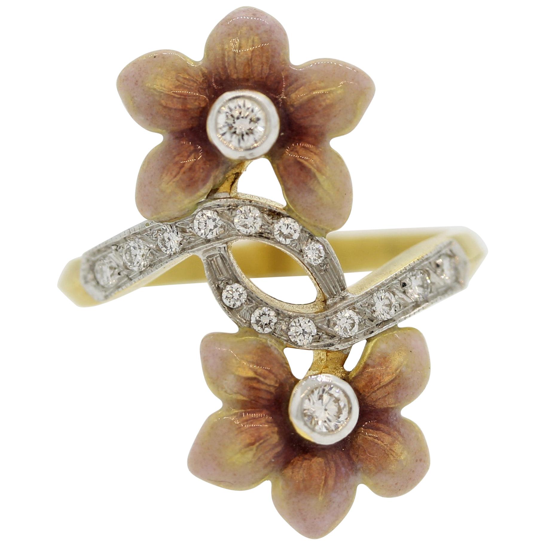 Masriera Diamond Enameled Gold Flower Ring