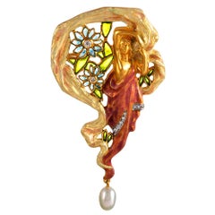 Masriera Diamond Pearl and Enamel Gold Nymph Motif Pin Pendant