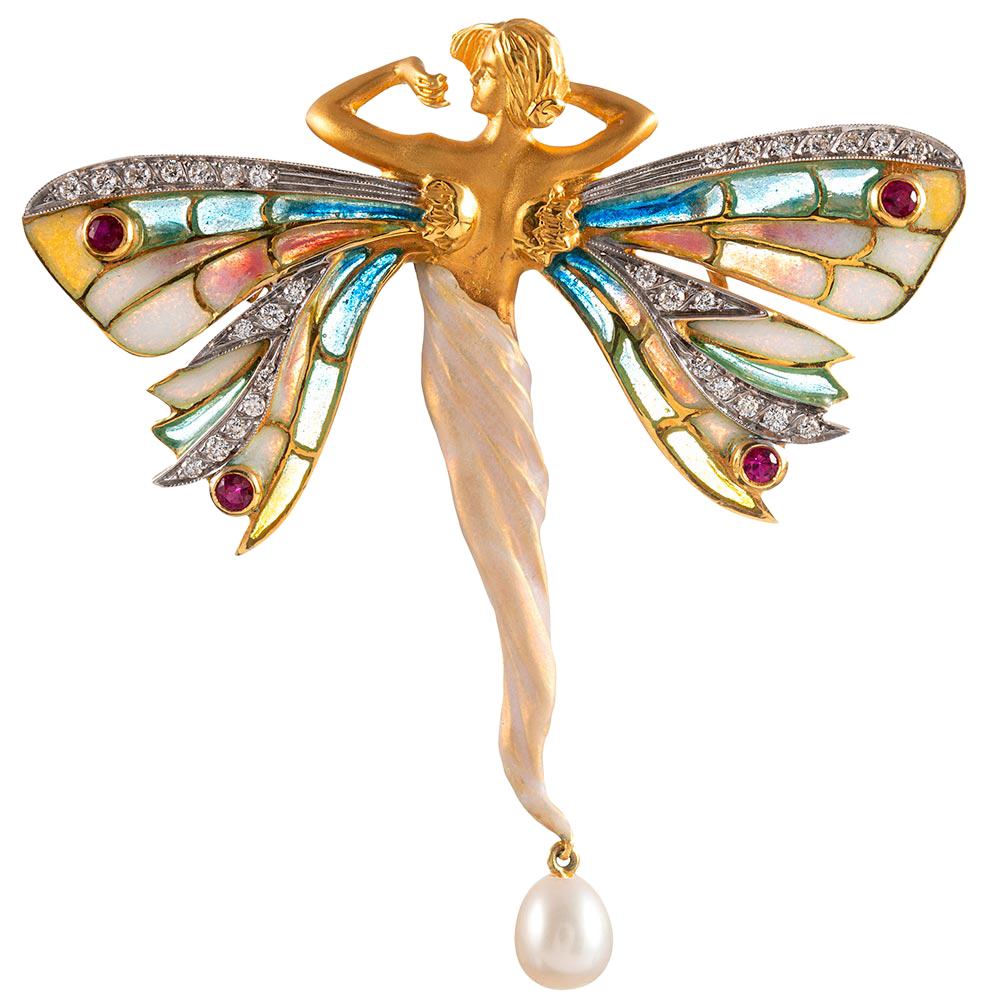 Masriera Diamond, Pearl, Enamel and Ruby Nymph Motif Pin Pendant