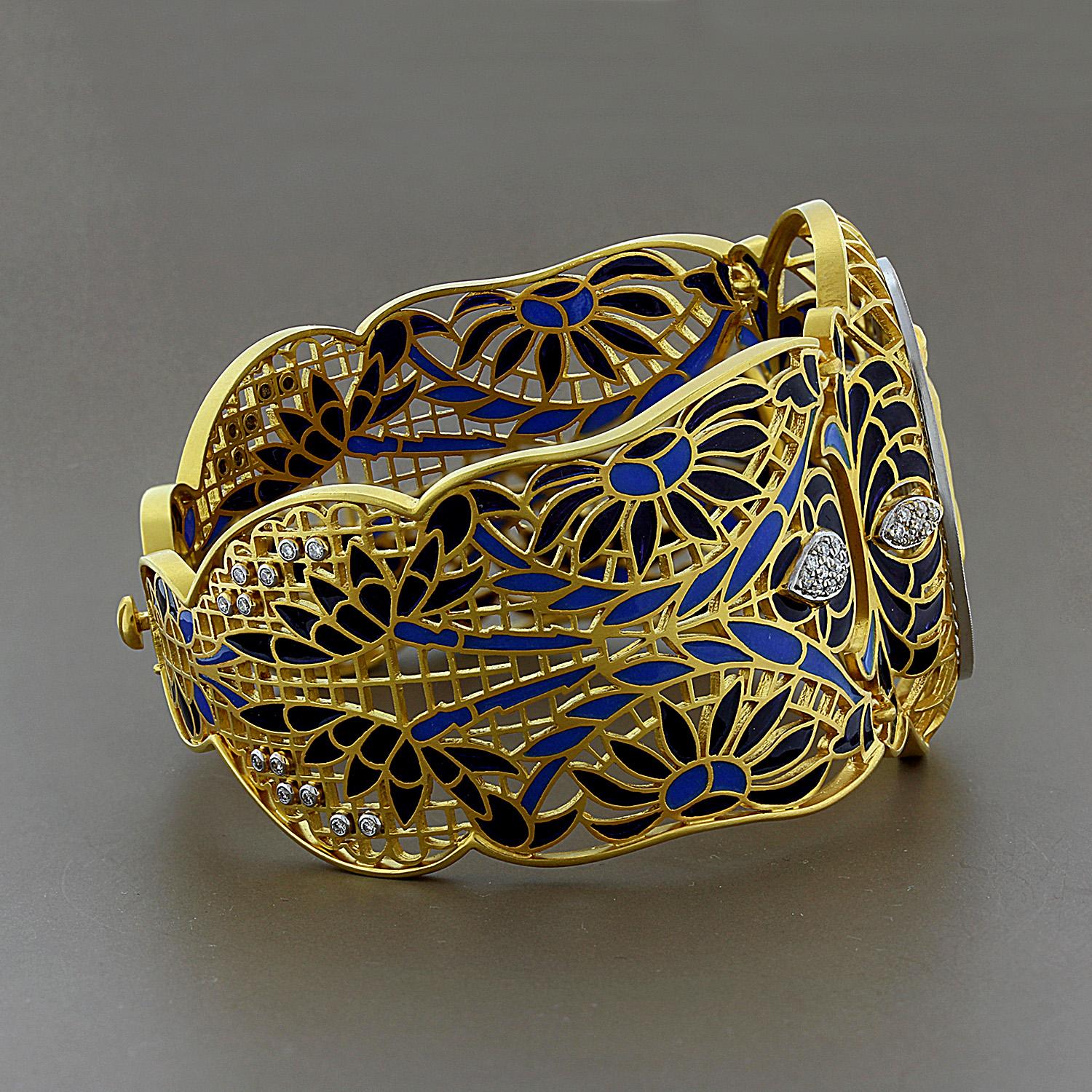 Art Nouveau Masriera Diamond Plique a Jour Enamel Gold Bracelet