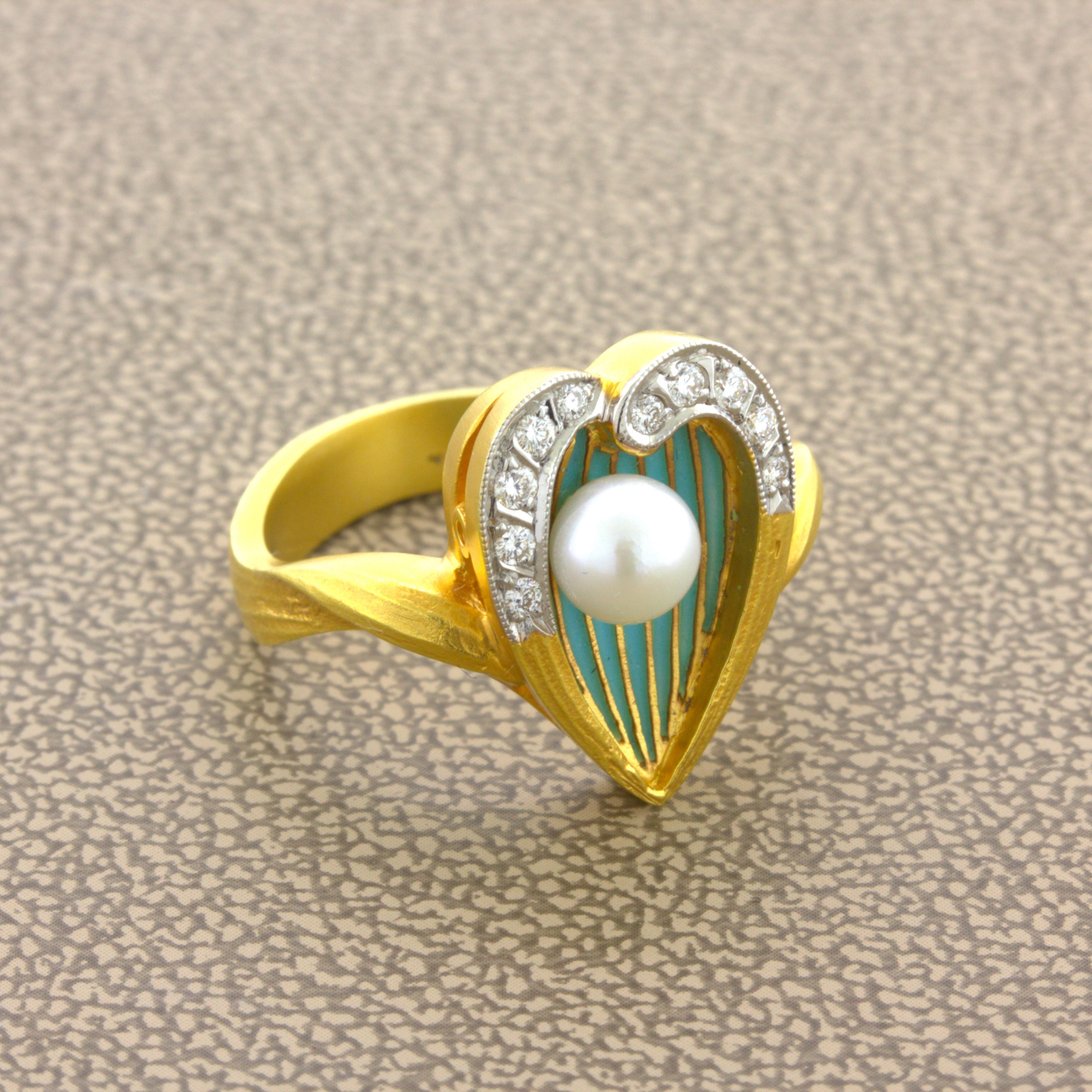 Masriera Diamond Pliqué-a-Jour Enamel Pearl 18K Yellow Gold Ring Neuf - En vente à Beverly Hills, CA