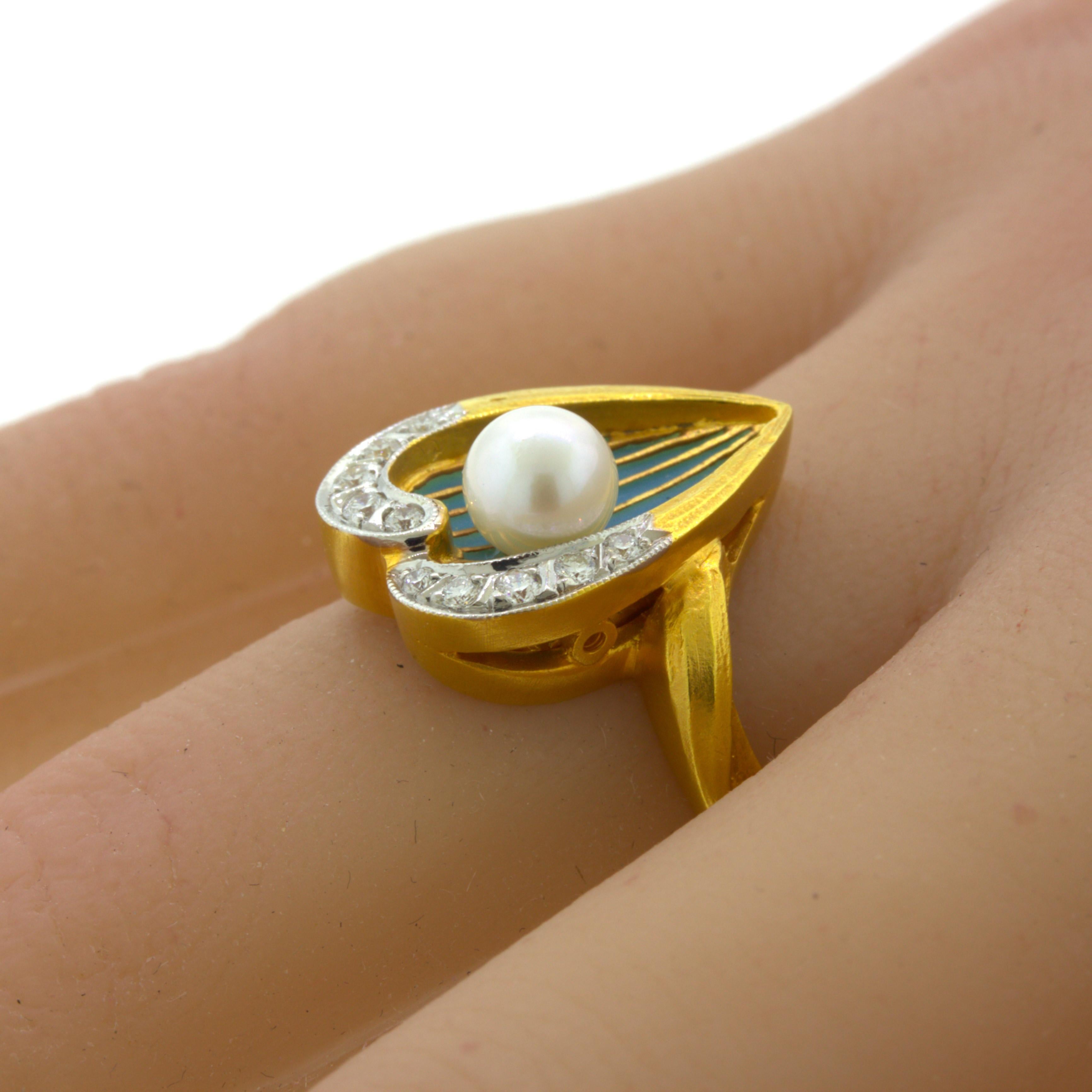 Masriera Diamond Pliqué-a-Jour Enamel Pearl 18K Yellow Gold Ring For Sale 1