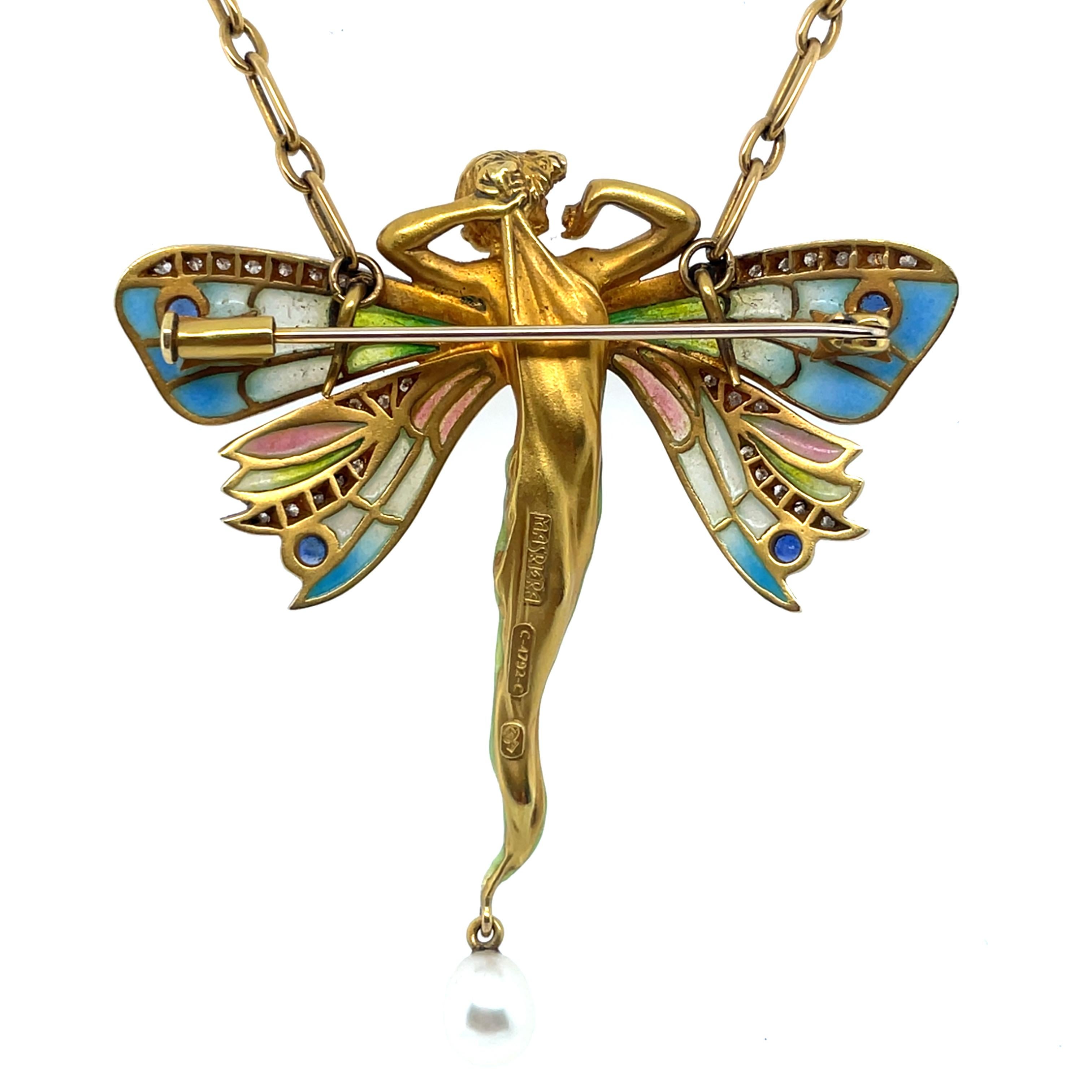 Art Nouveau Masriera, Diamond, Sapphire and Plique A Jour Pendant Brooch Necklace
