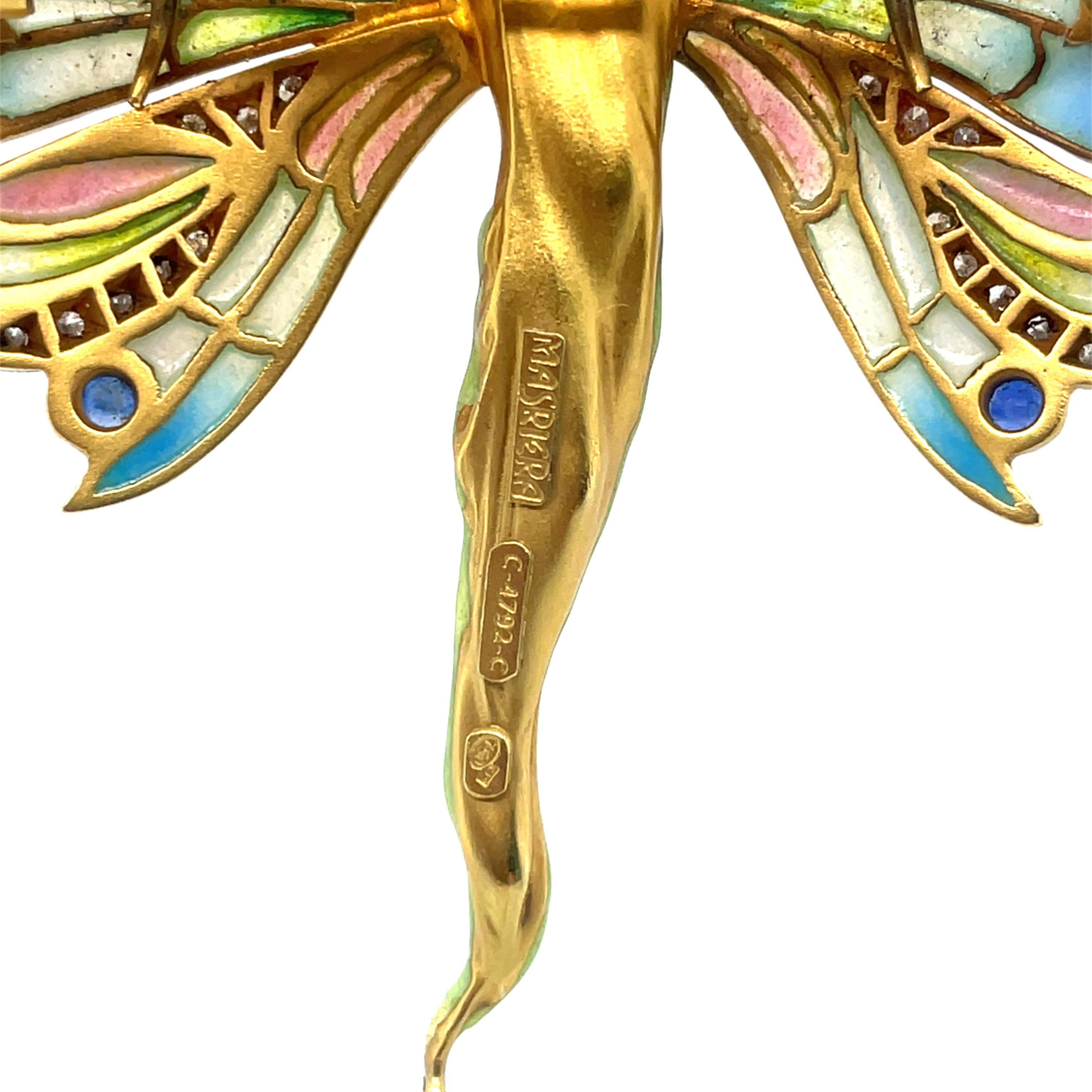 Brilliant Cut Masriera, Diamond, Sapphire and Plique A Jour Pendant Brooch Necklace