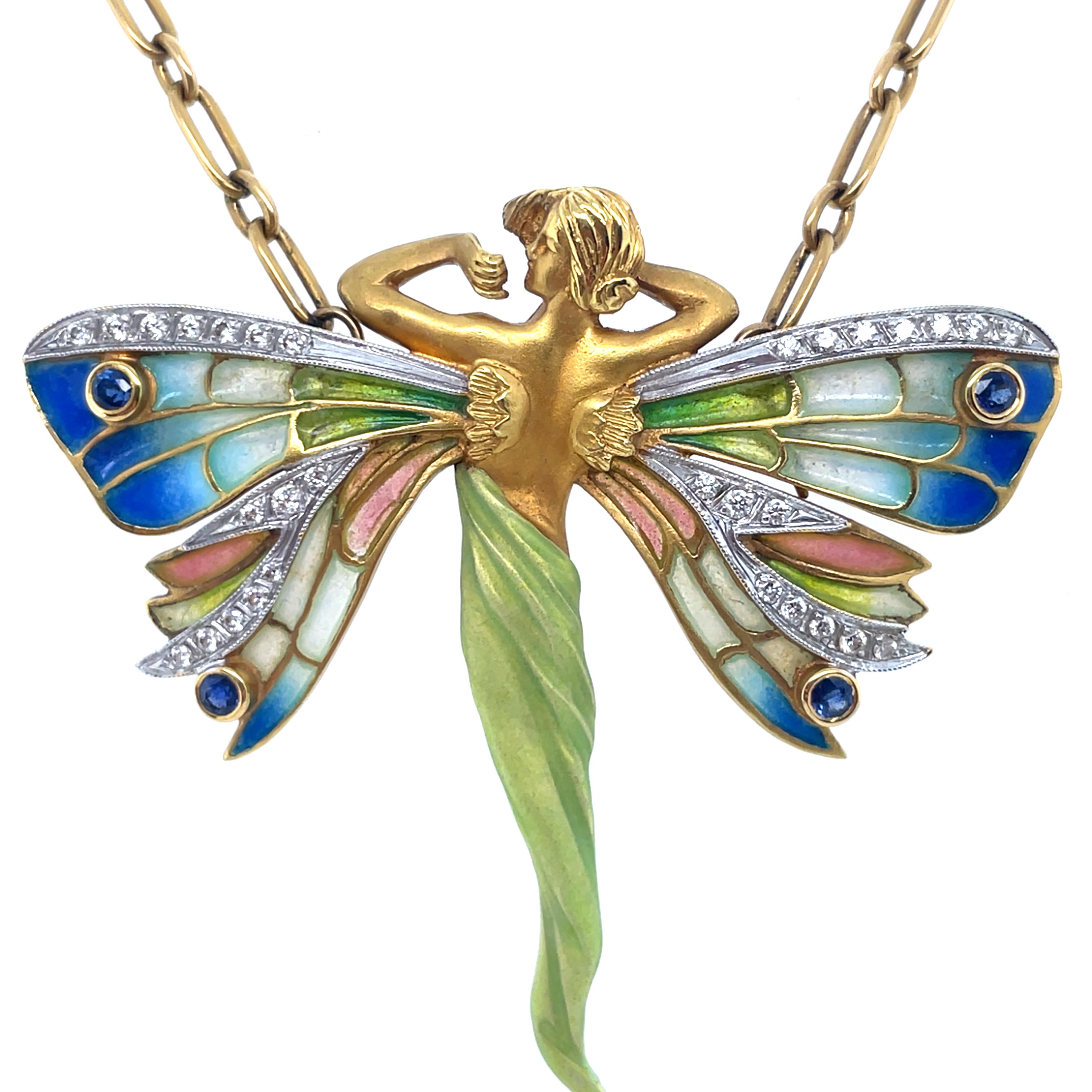 Masriera, Diamond, Sapphire and Plique A Jour Pendant Brooch Necklace In Excellent Condition In Chicago, IL