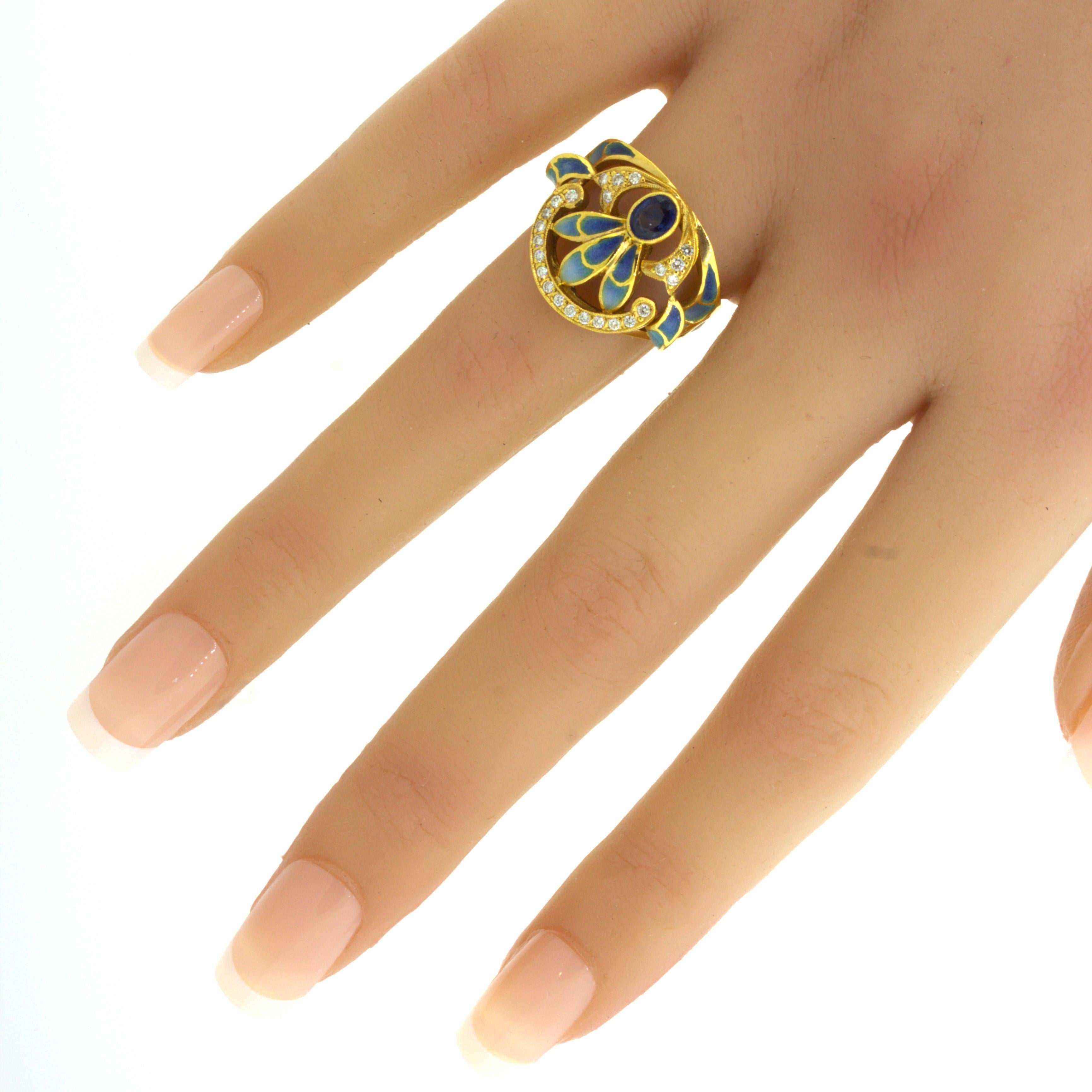 Masriera Diamond Sapphire Enamel 18K Yellow Gold Ring For Sale 4