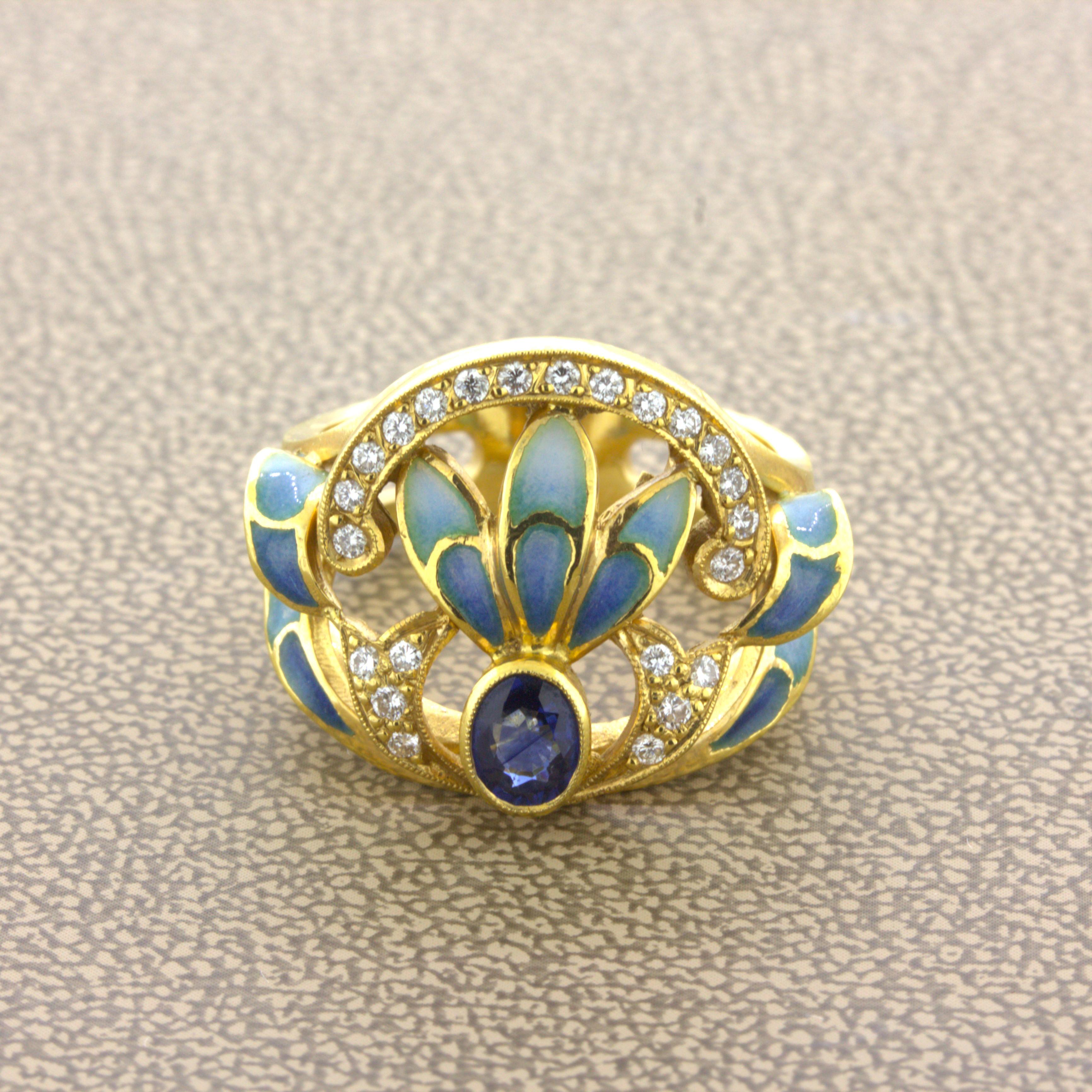 A sweet and stylish piece by Barcelona based designer Masriera. Known for their Art Nouveau style, this piece is no exception with the lovely bright yellow gold mixed with the blue sapphire and hand-painted enamel. The enamel is applied without a