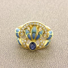 Masriera Diamond Sapphire Enamel 18K Yellow Gold Ring
