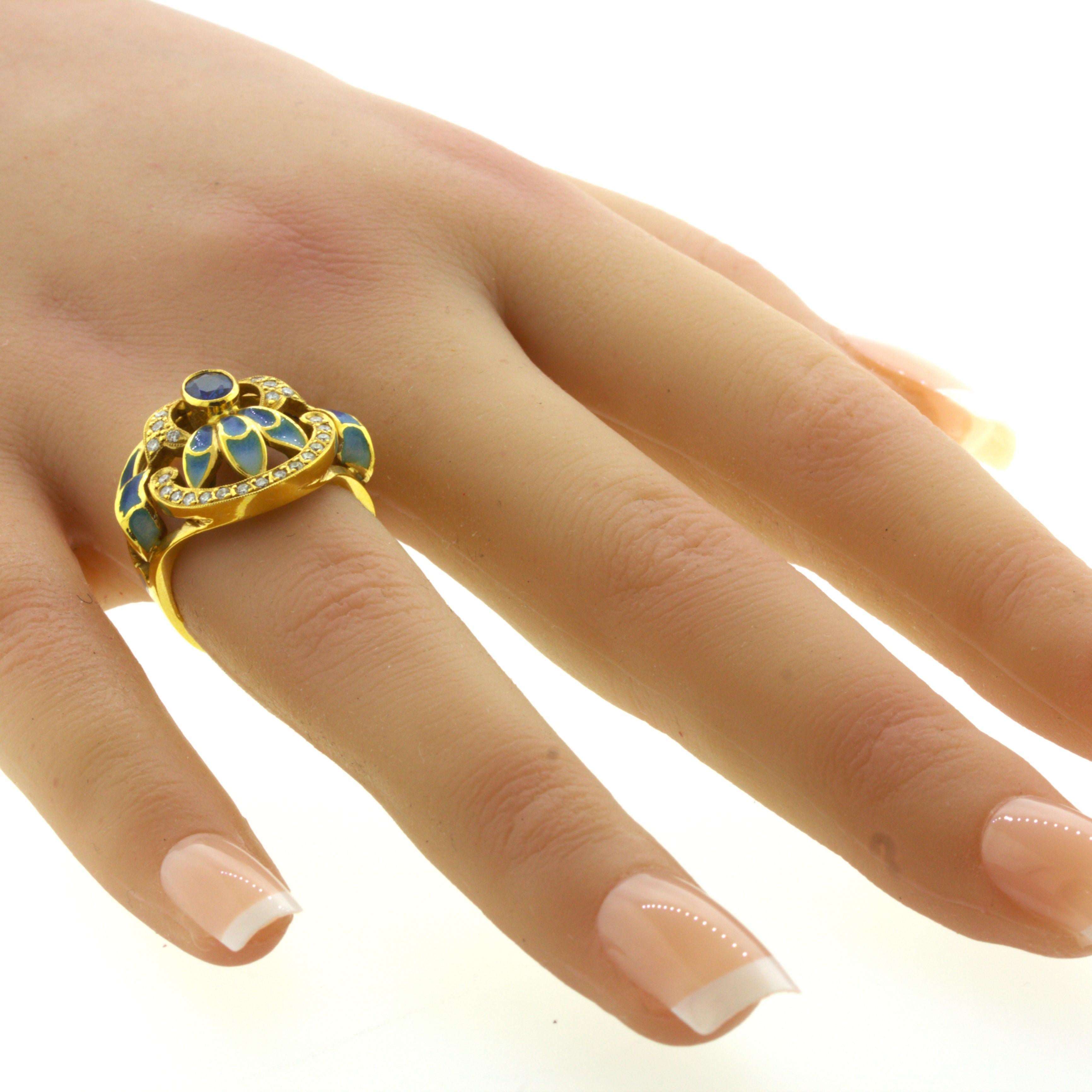 Bague en or jaune 18 carats diamant saphir émail Pour femmes en vente