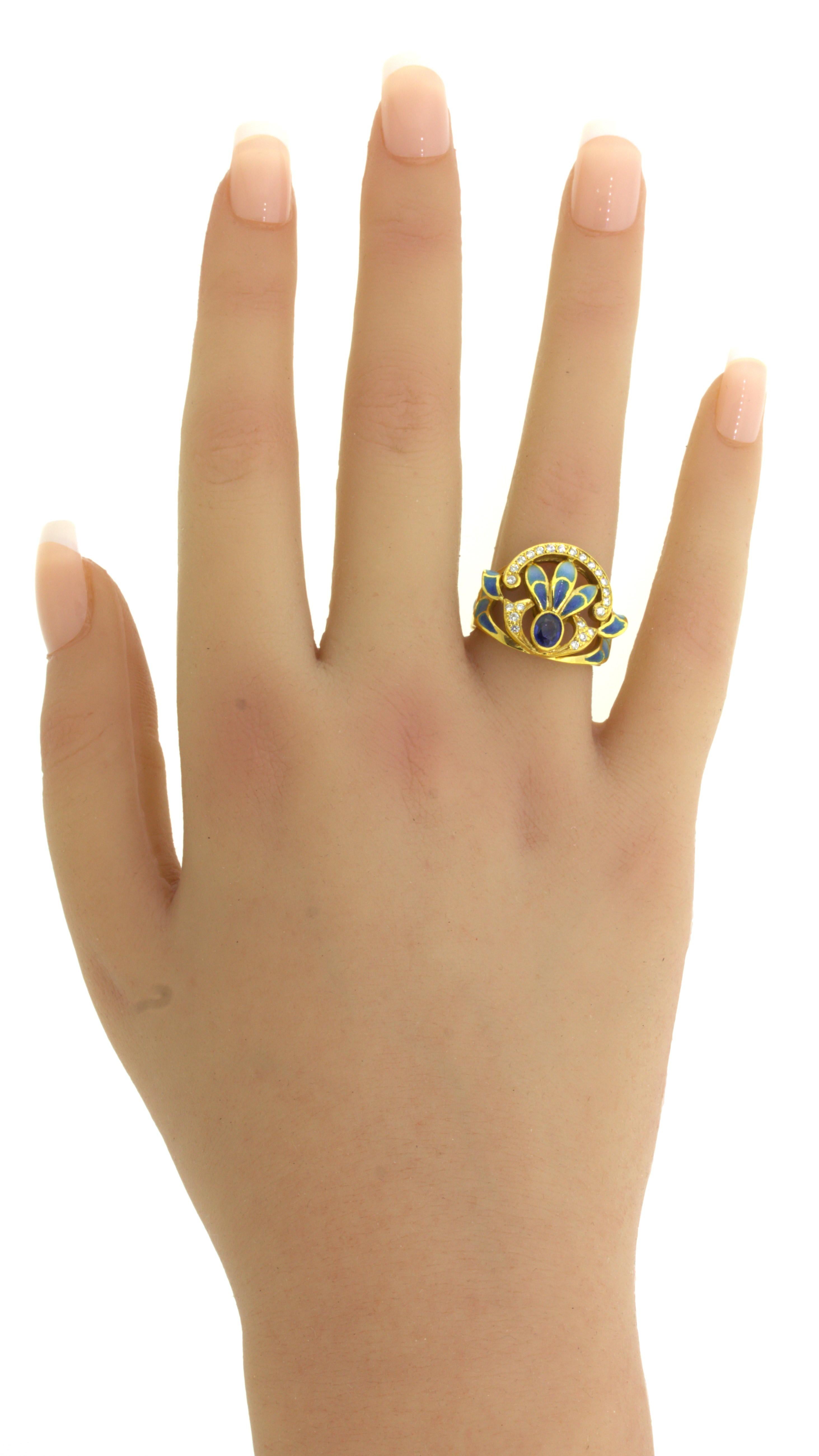 Bague en or jaune 18 carats diamant saphir émail en vente 1