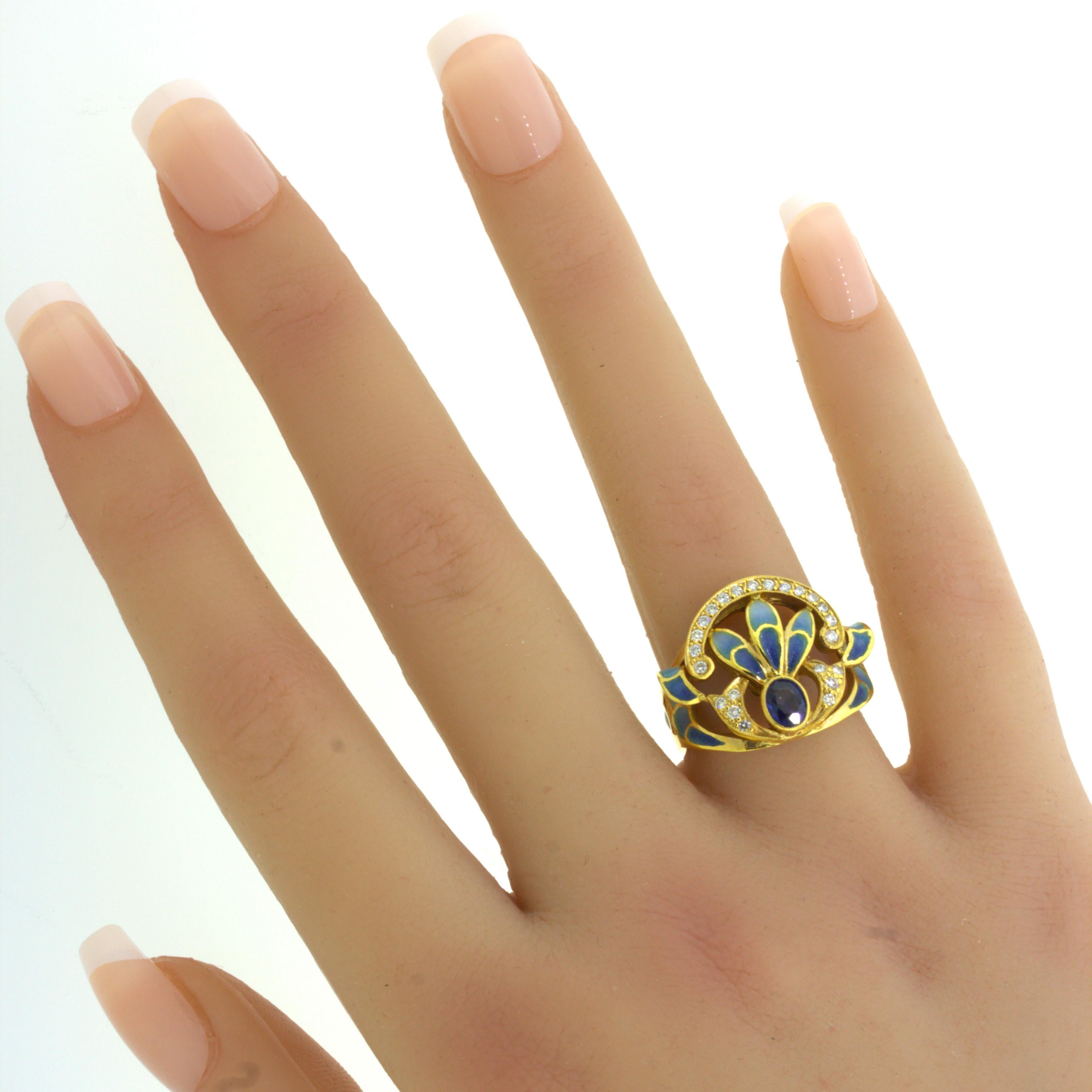 Masriera Diamond Sapphire Enamel 18K Yellow Gold Ring For Sale 1