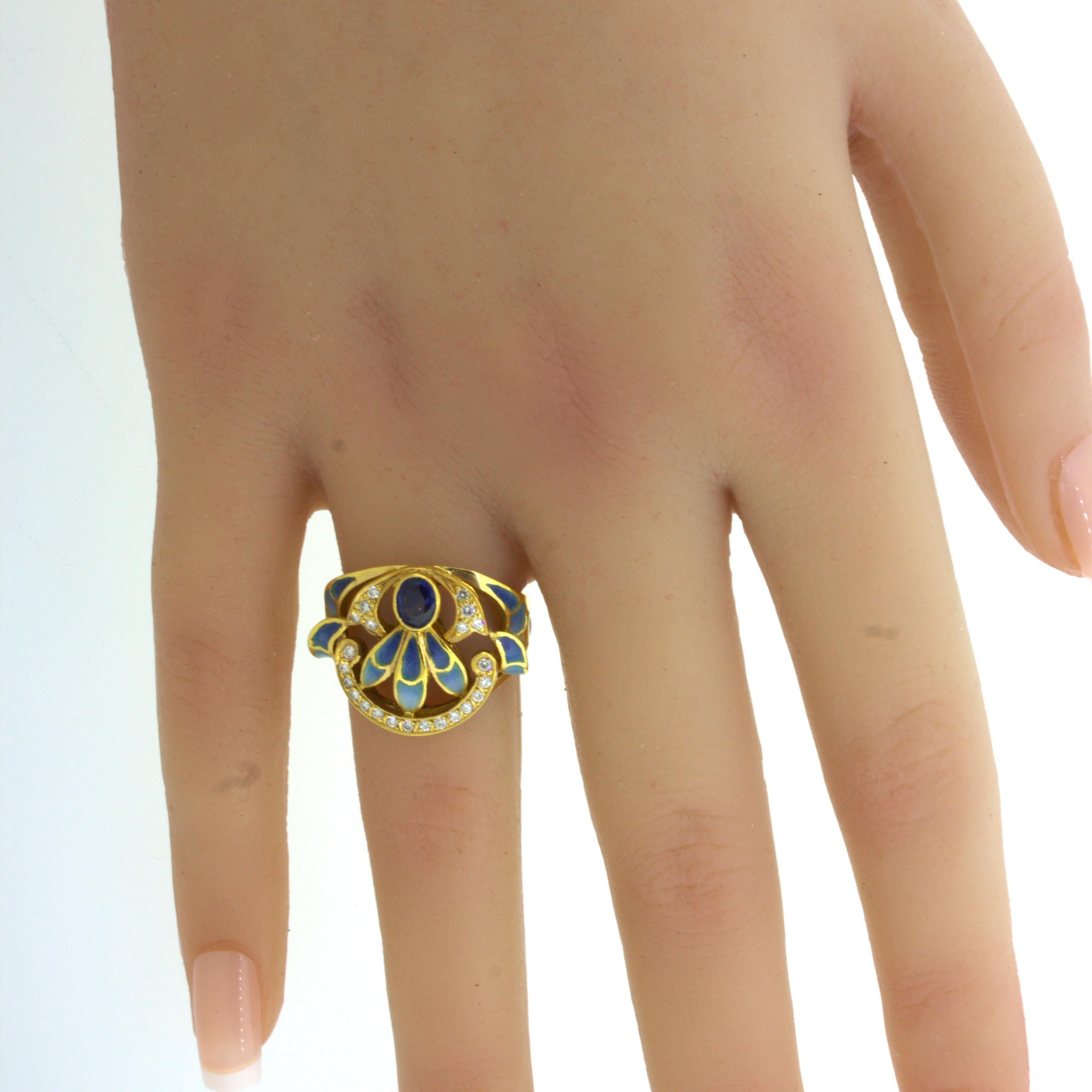 Masriera Diamond Sapphire Enamel 18K Yellow Gold Ring For Sale 3