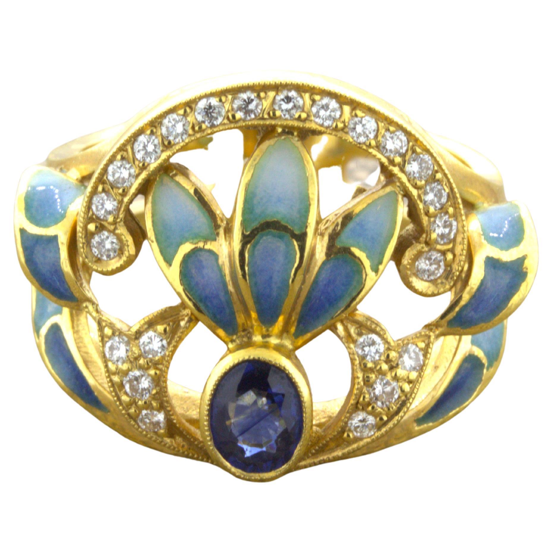 Masriera Diamond Sapphire Enamel 18K Yellow Gold Ring